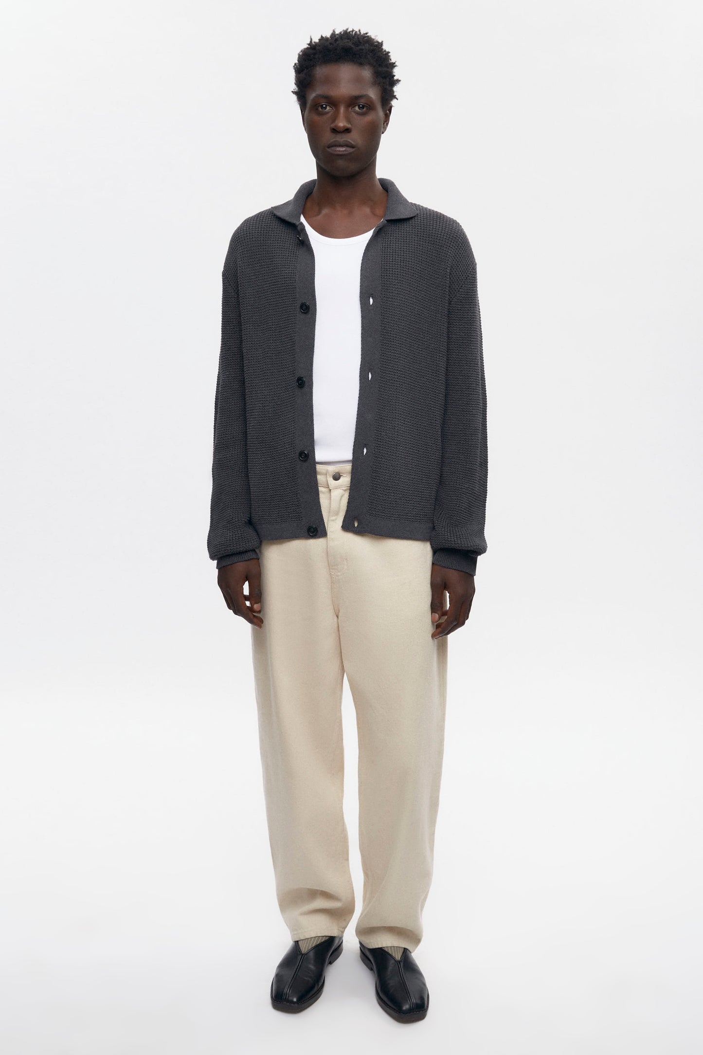 Men's Open Knit Shirt in Charcoal Melange