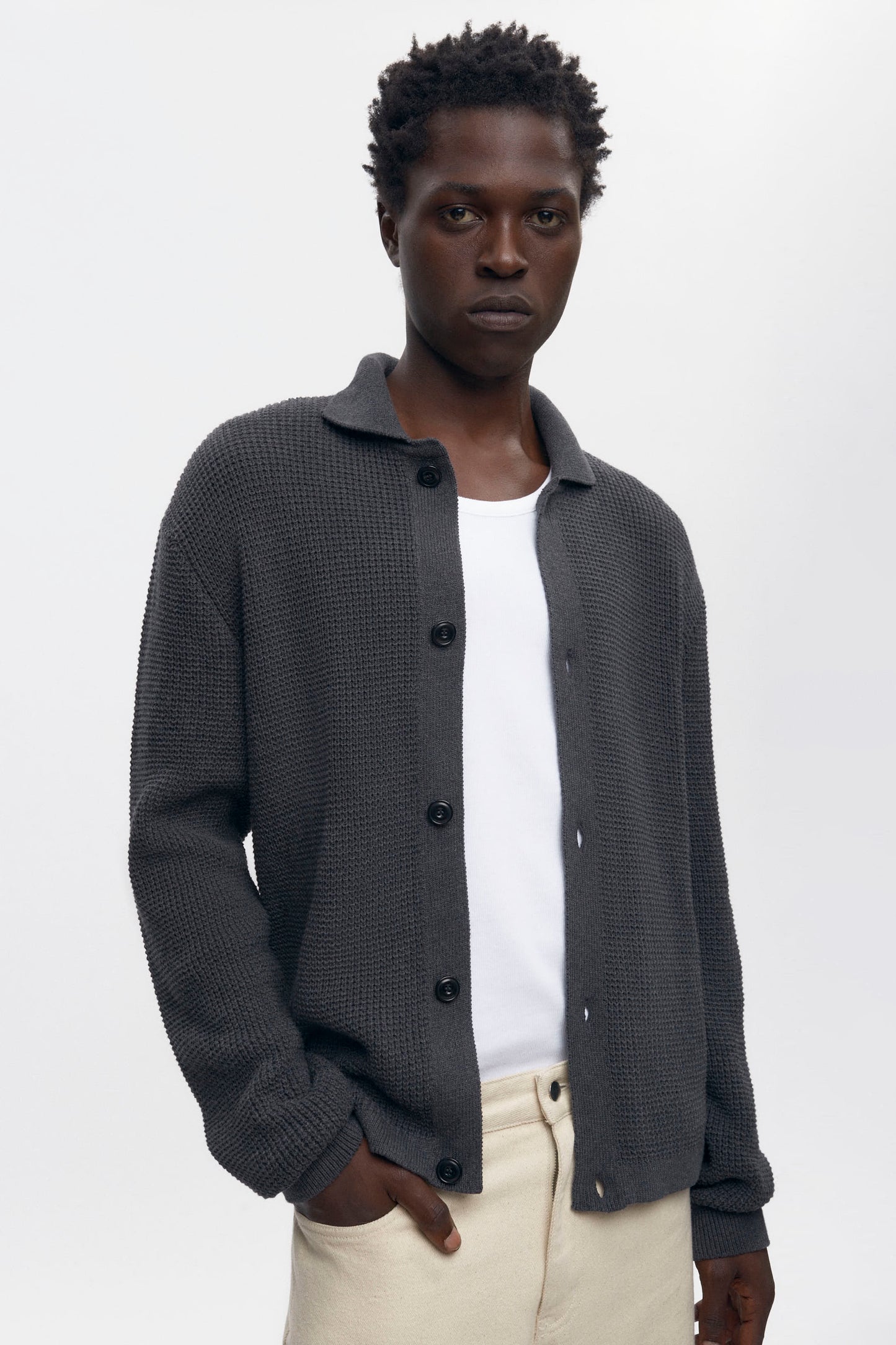 Men's Open Knit Shirt in Charcoal Melange