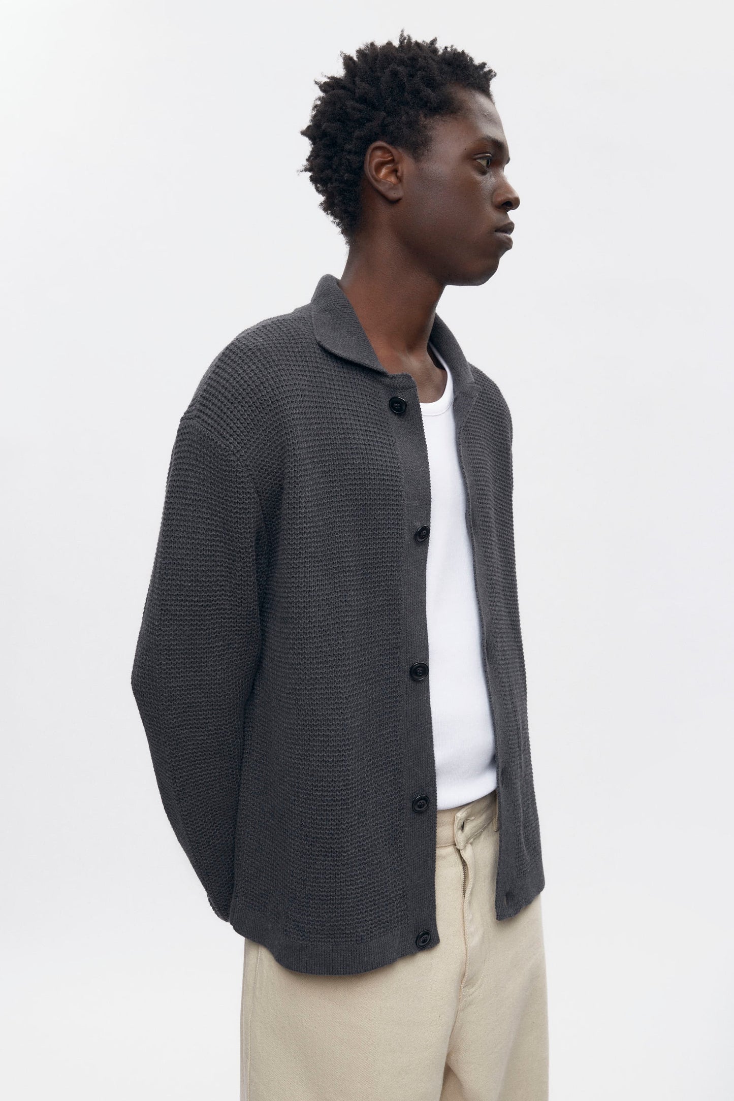 Men's Open Knit Shirt in Charcoal Melange