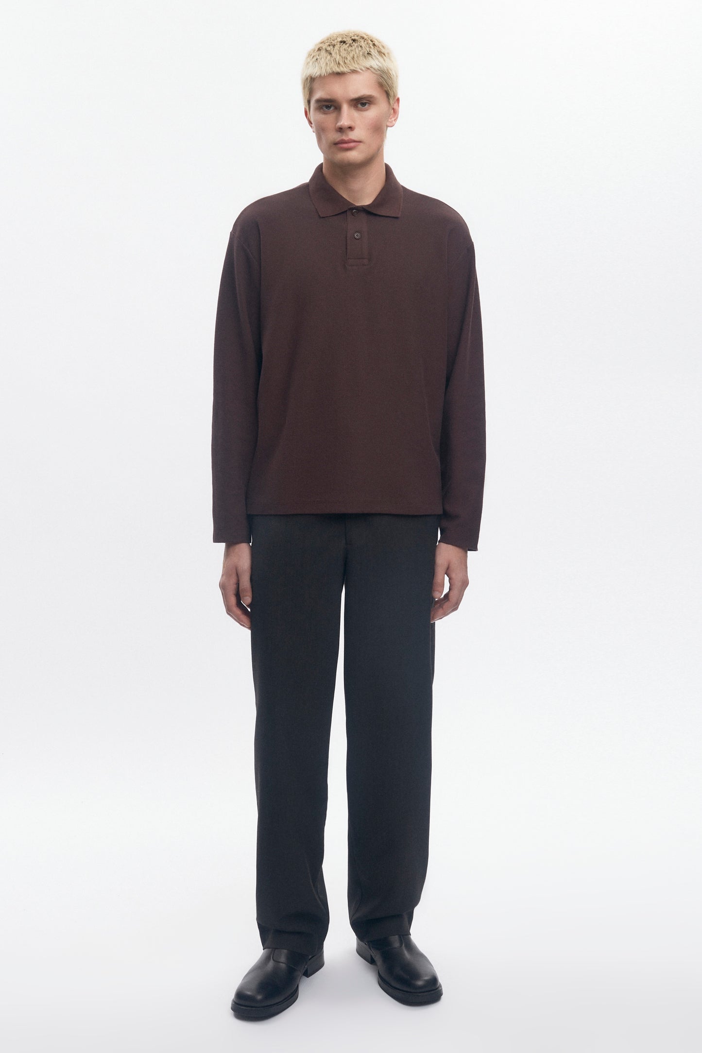 Men's Pique Longsleeve Polo in Coffee Bean