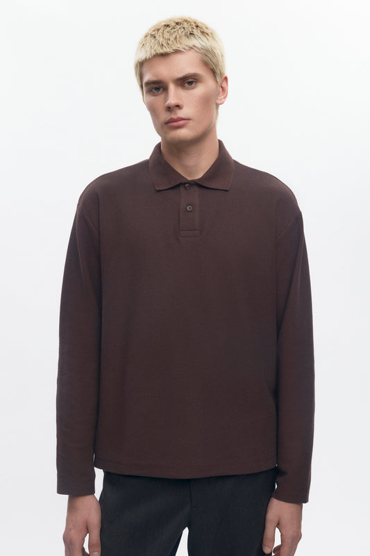 Men's Pique Longsleeve Polo in Coffee Bean