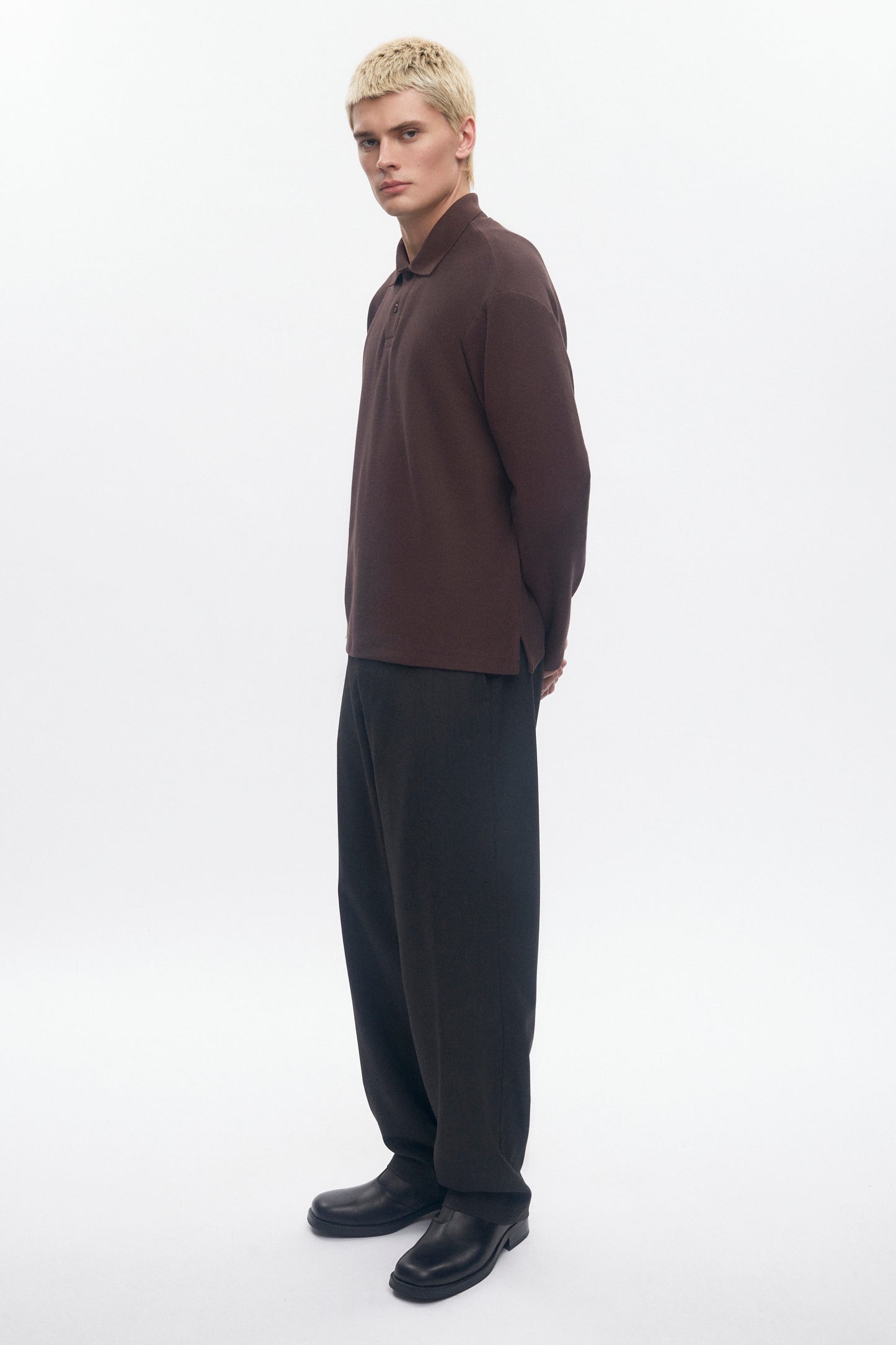 Men's Pique Longsleeve Polo in Coffee Bean
