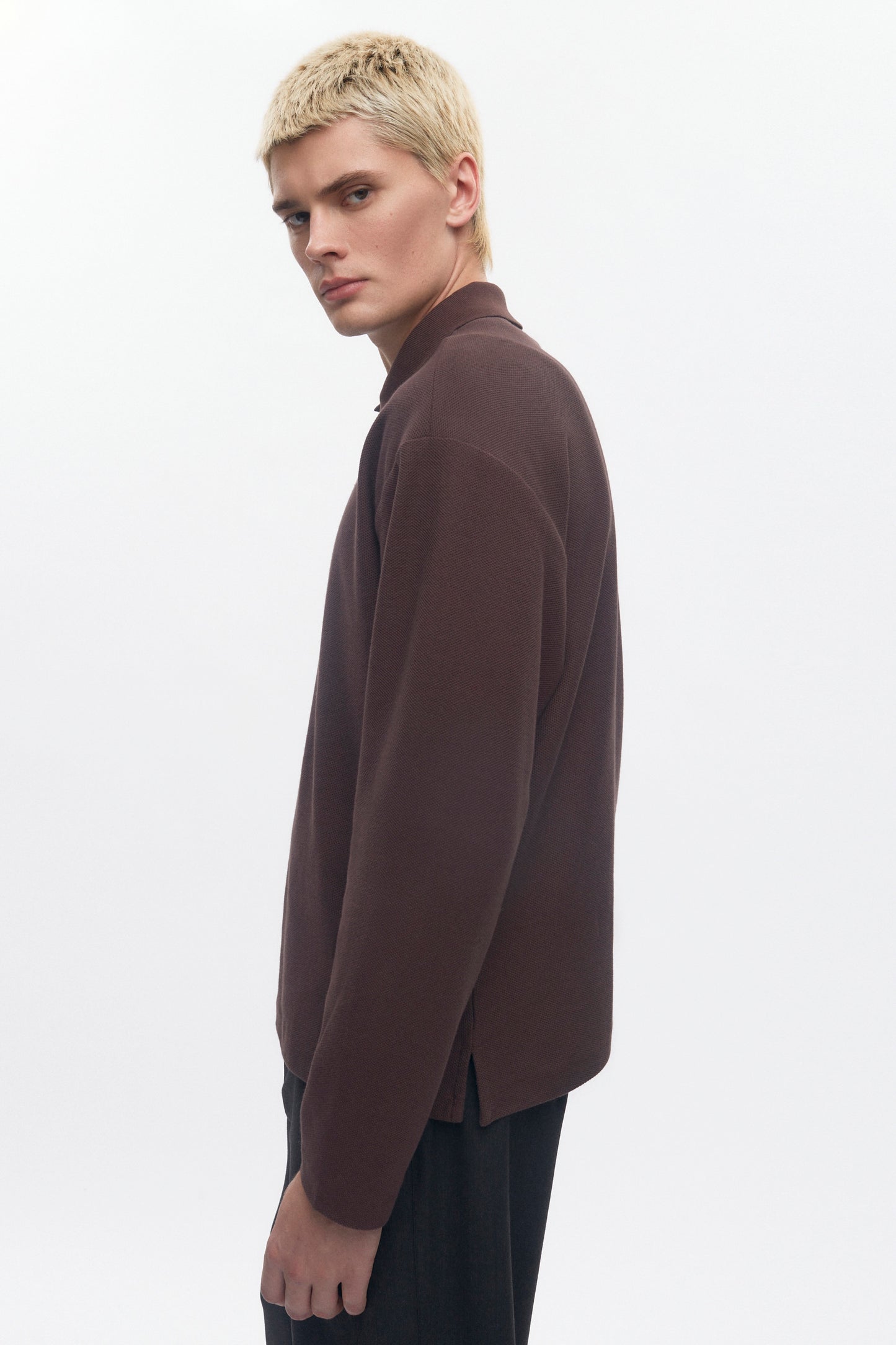 Men's Pique Longsleeve Polo in Coffee Bean