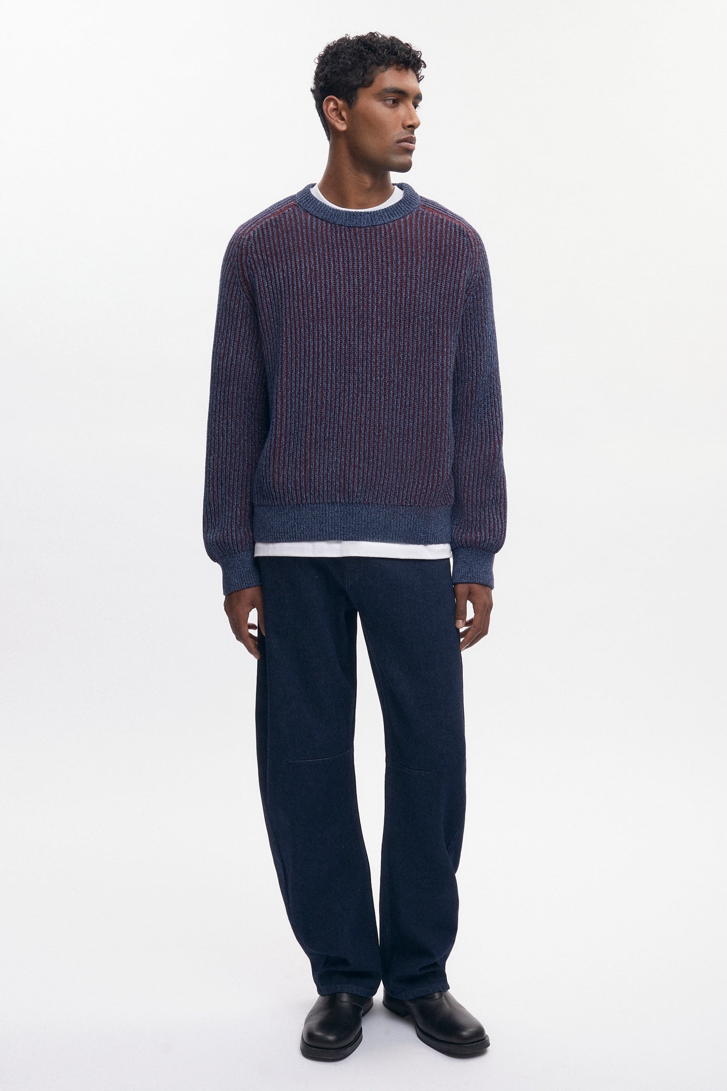 Men's Rib Crewneck Sweater in Blue Lotus/Burgundy