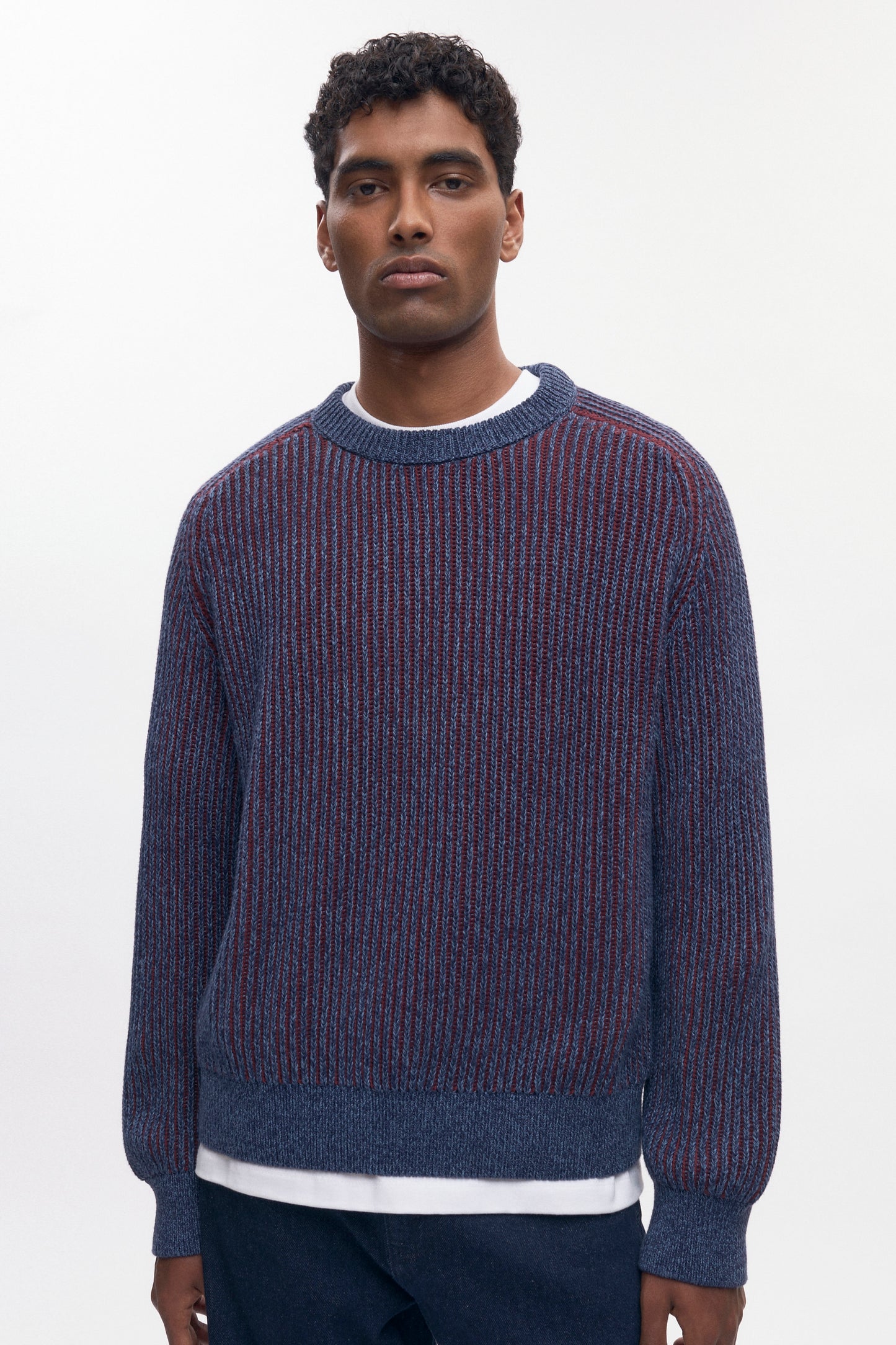 Men's Rib Crewneck Sweater in Blue Lotus/Burgundy