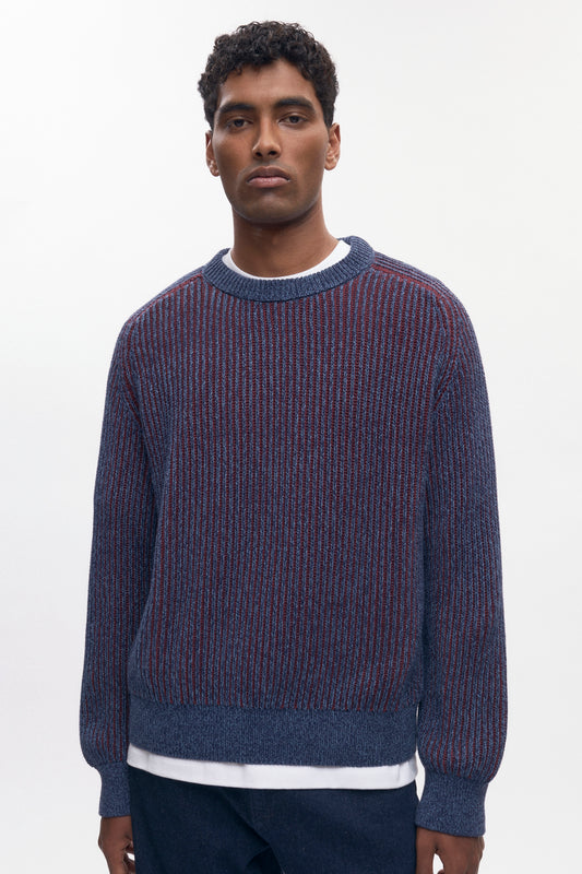Men's Rib Crewneck Sweater in Blue Lotus/Burgundy