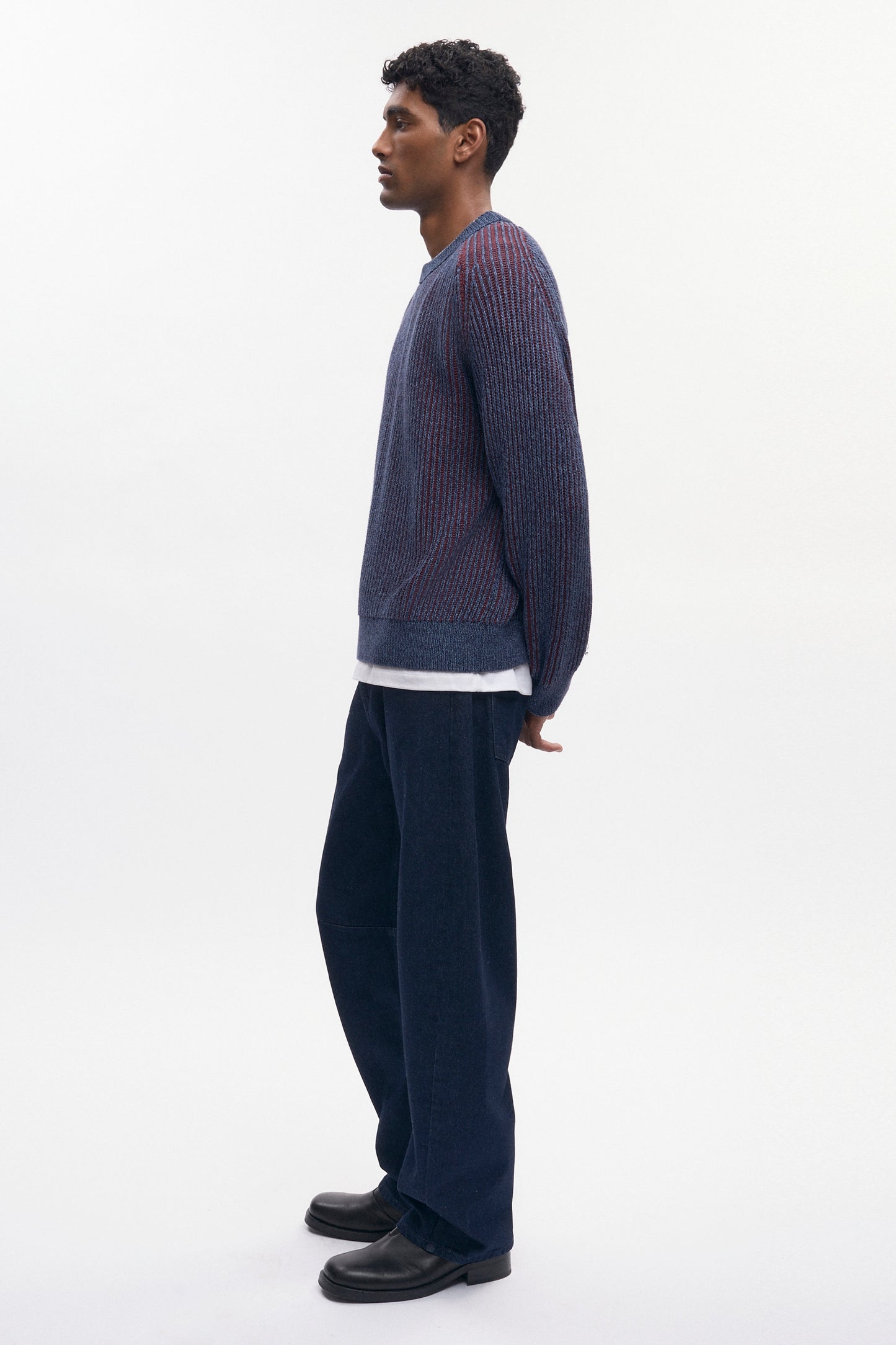 Men's Rib Crewneck Sweater in Blue Lotus/Burgundy