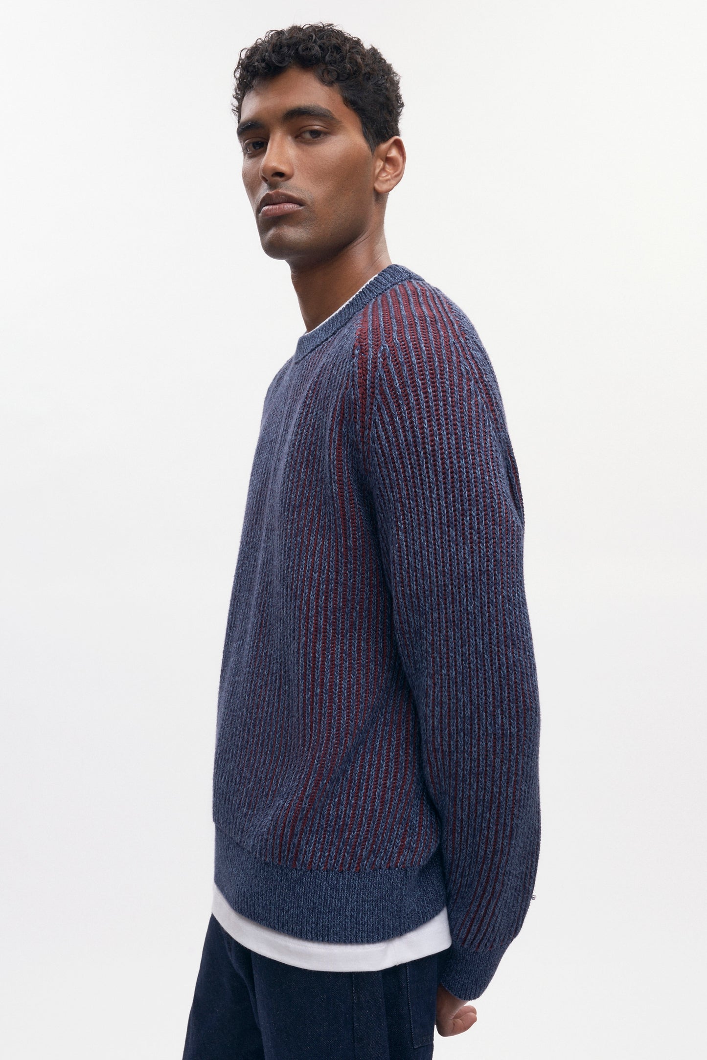 Men's Rib Crewneck Sweater in Blue Lotus/Burgundy