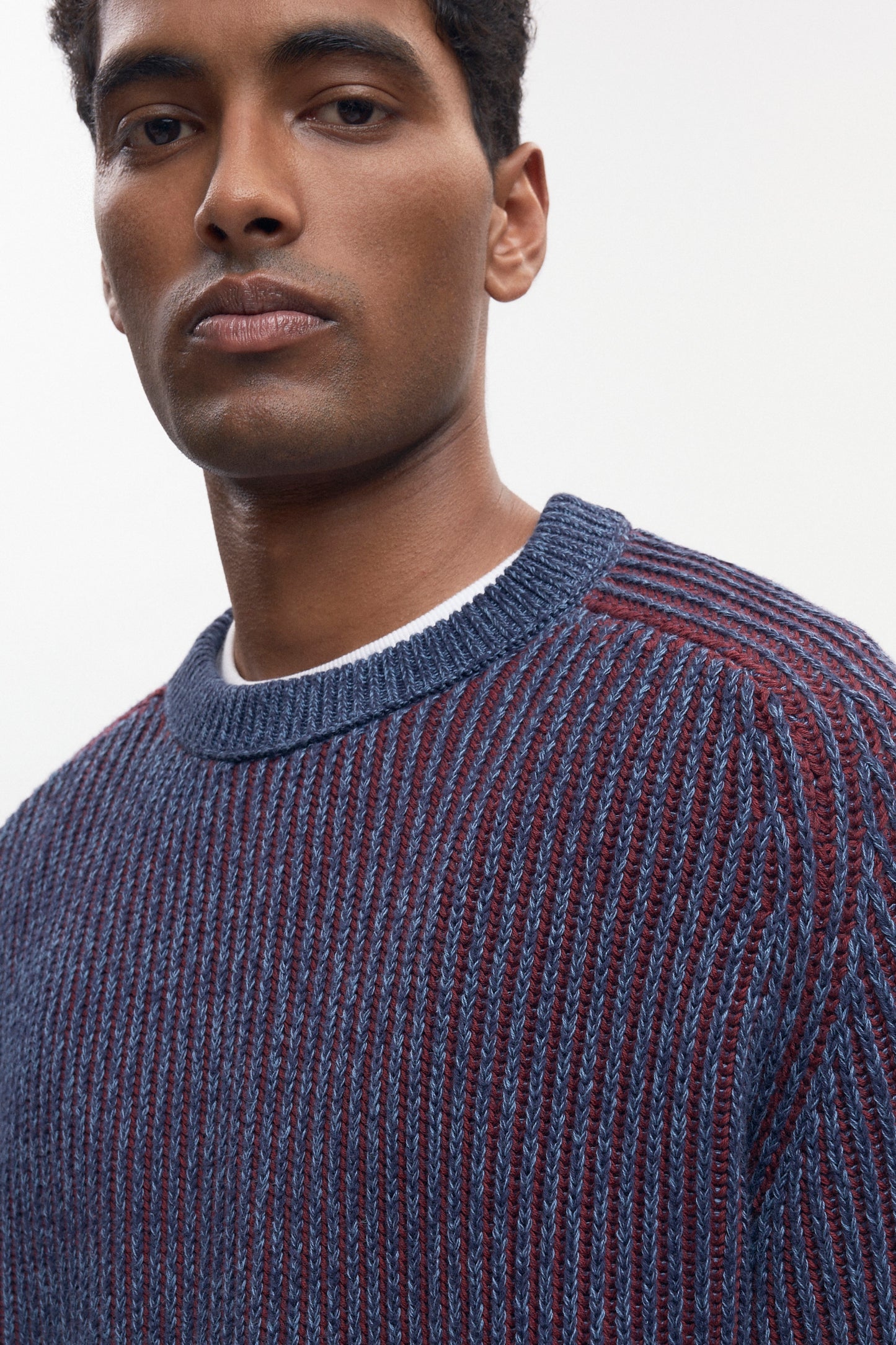 Men's Rib Crewneck Sweater in Blue Lotus/Burgundy