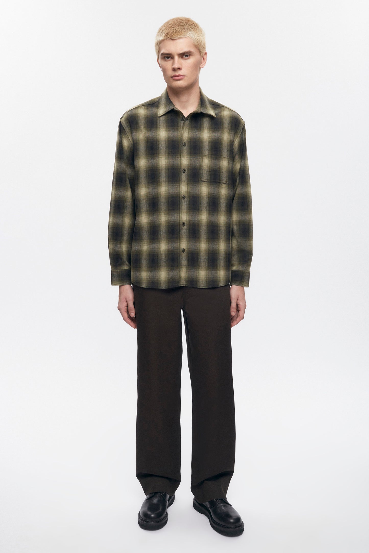 Men's Wool Flannel Shirt in Olive Plaid