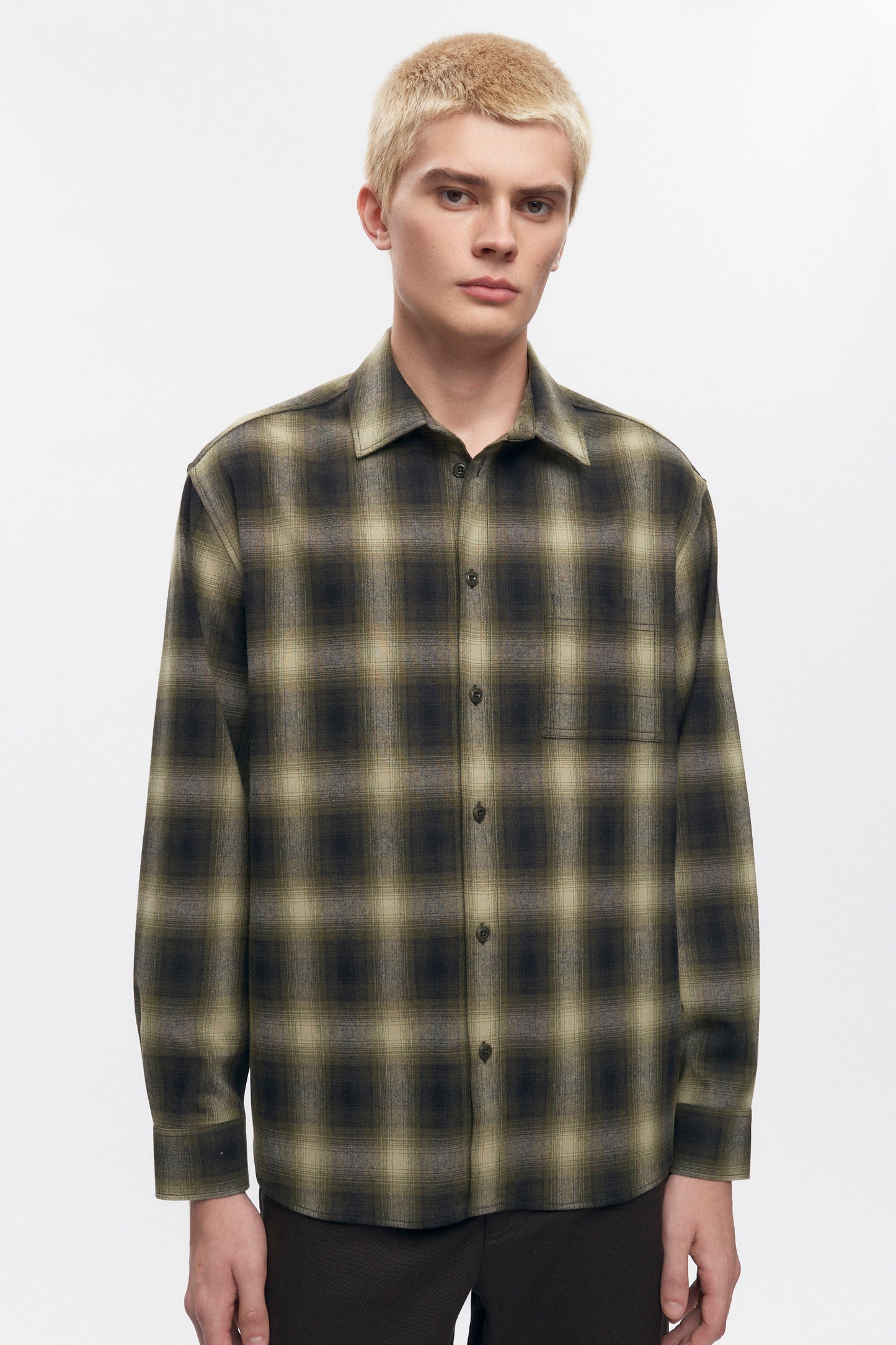 Men's Wool Flannel Shirt in Olive Plaid