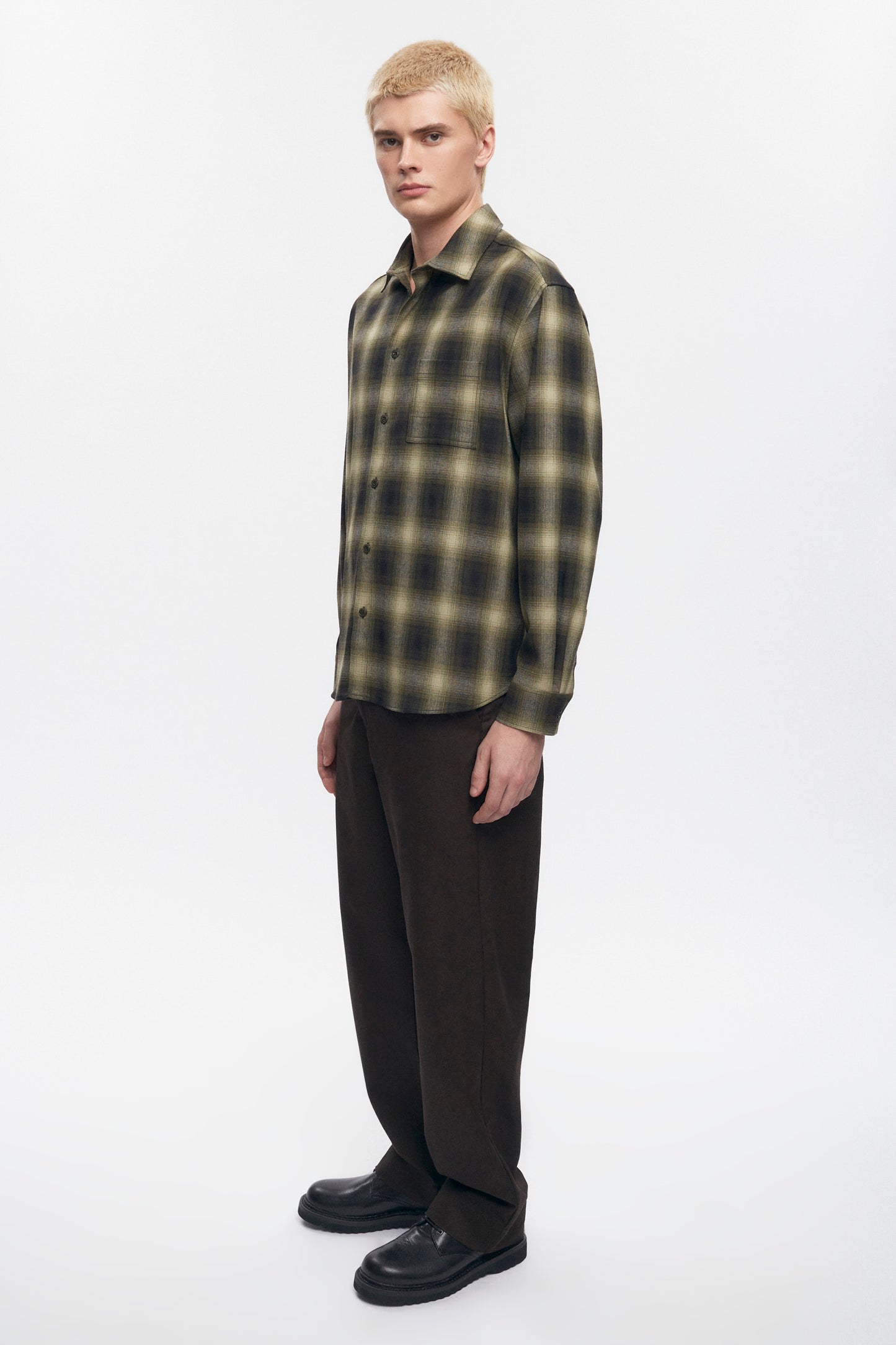 Men's Wool Flannel Shirt in Olive Plaid