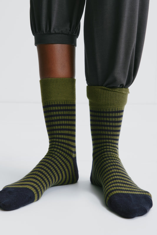 Rib Socks in Deep Ocean/Cardamom Stripe