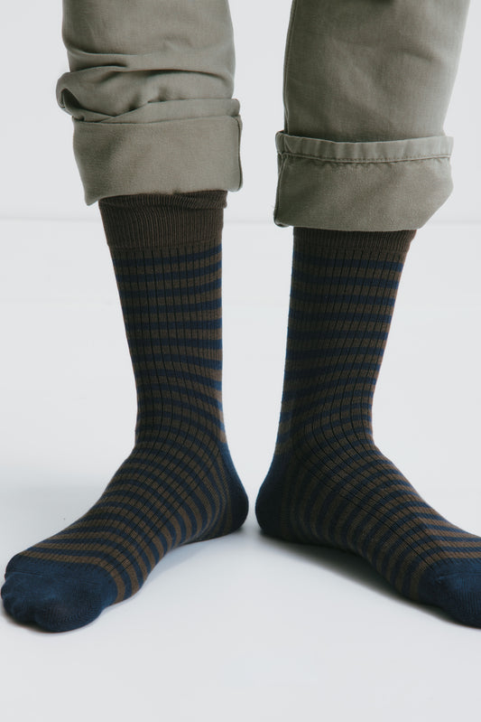 Rib Socks in Deep Ocean/Walnut Stripe