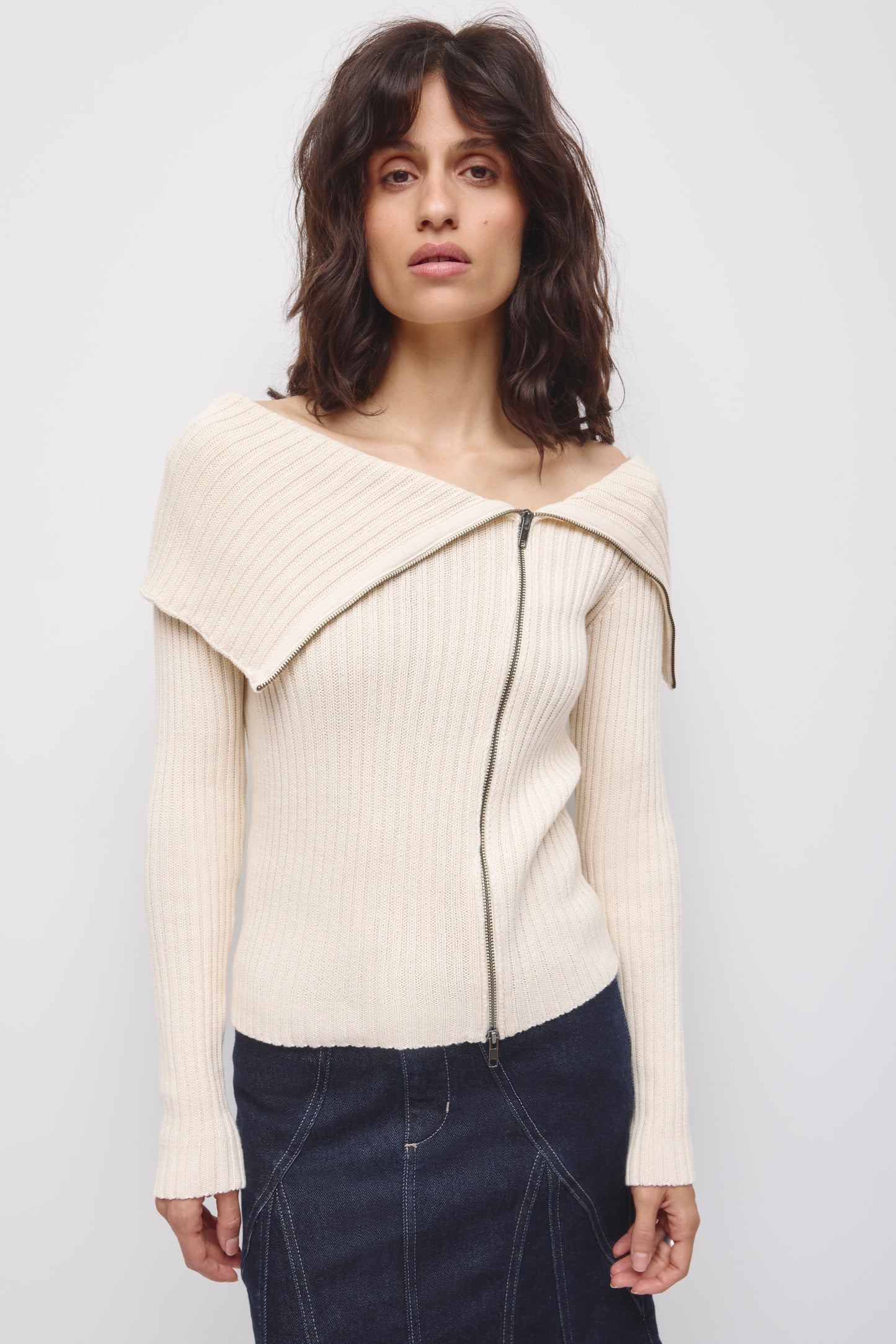 Women's Asymmetric Foldover Sweater in Marshmallow