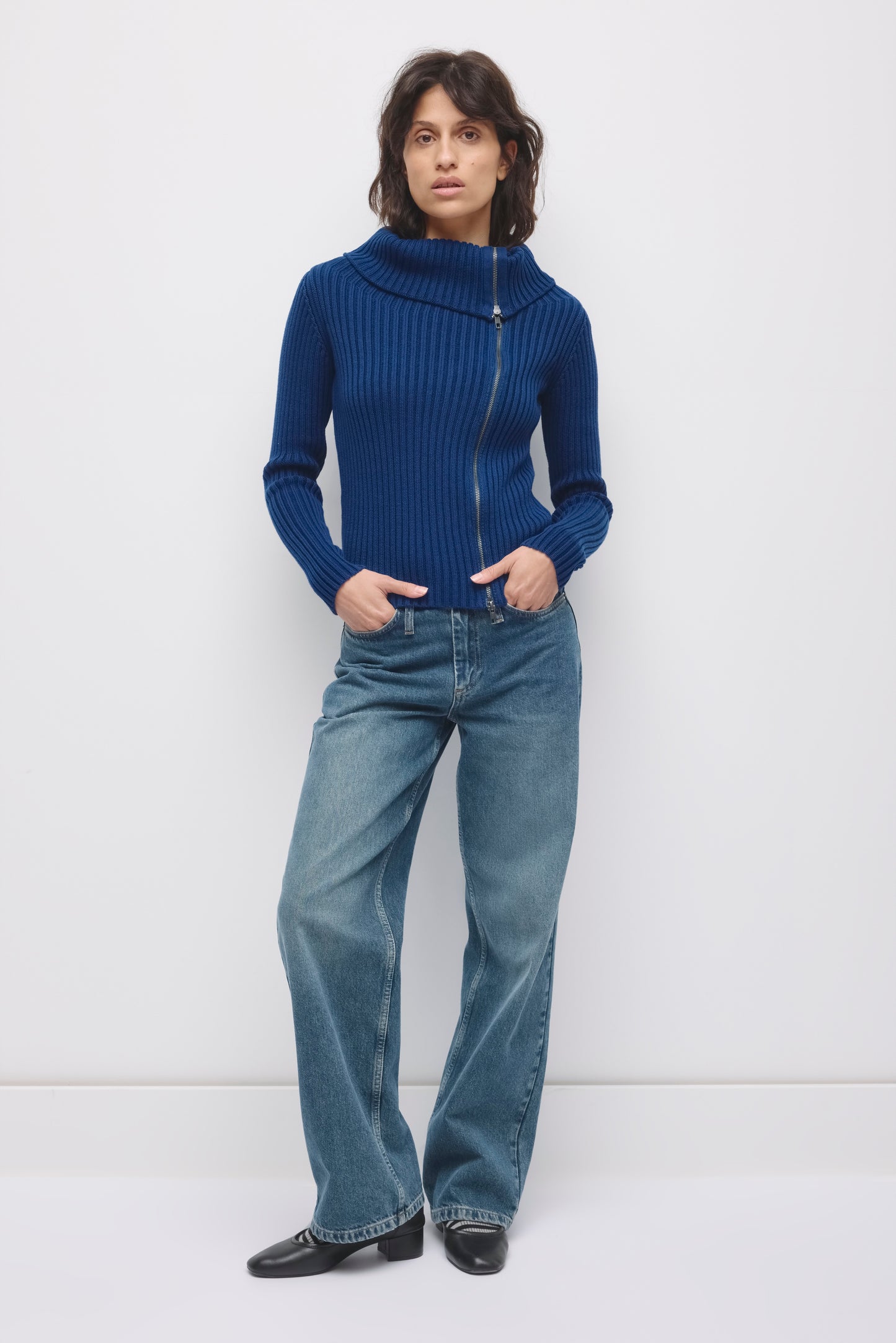 Women's Asymmetric Foldover Sweater in Pacific Blue
