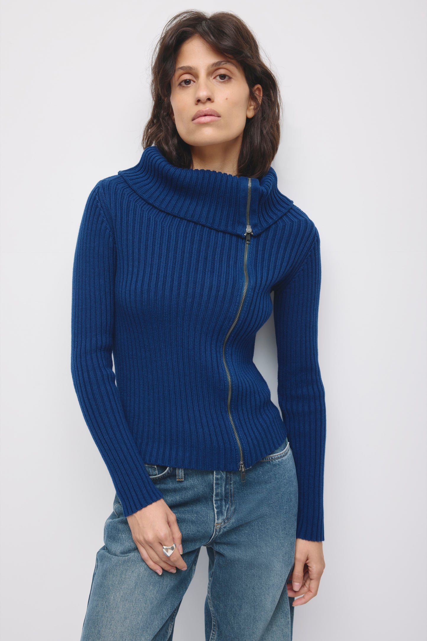 Women's Asymmetric Foldover Sweater in Pacific Blue