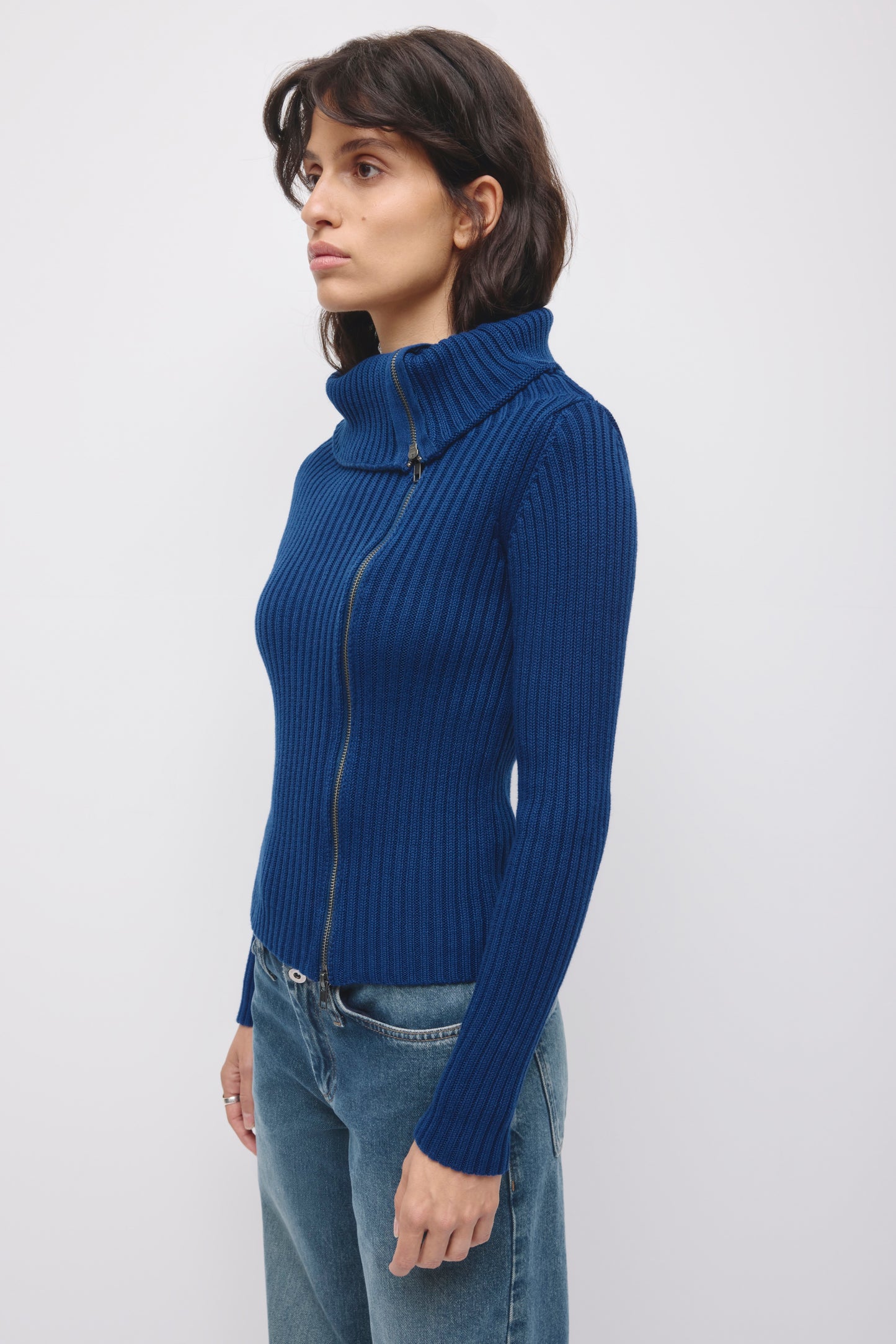 Women's Asymmetric Foldover Sweater in Pacific Blue