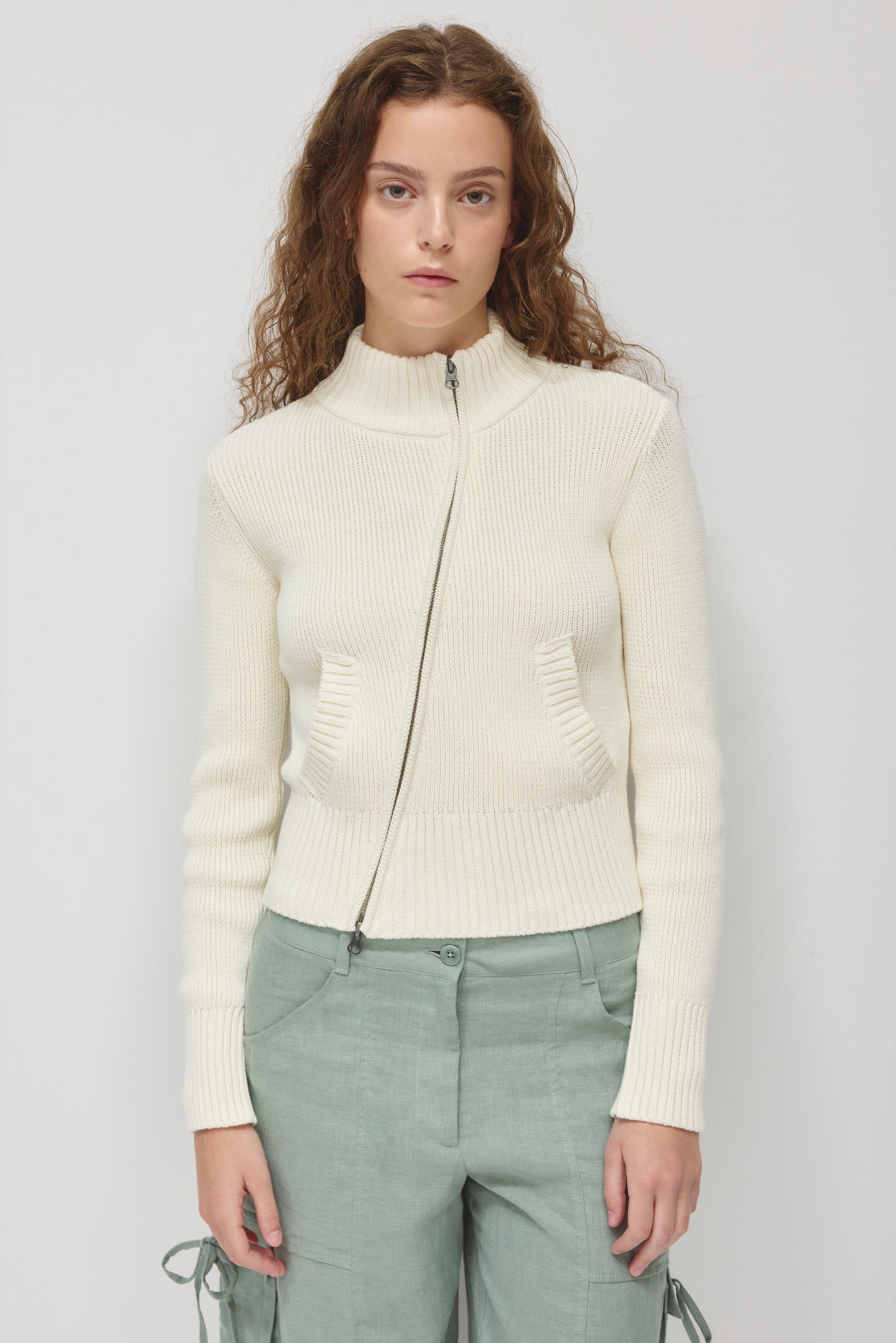 Women's Asymmetric Zip Sweater in Light Marshmallow