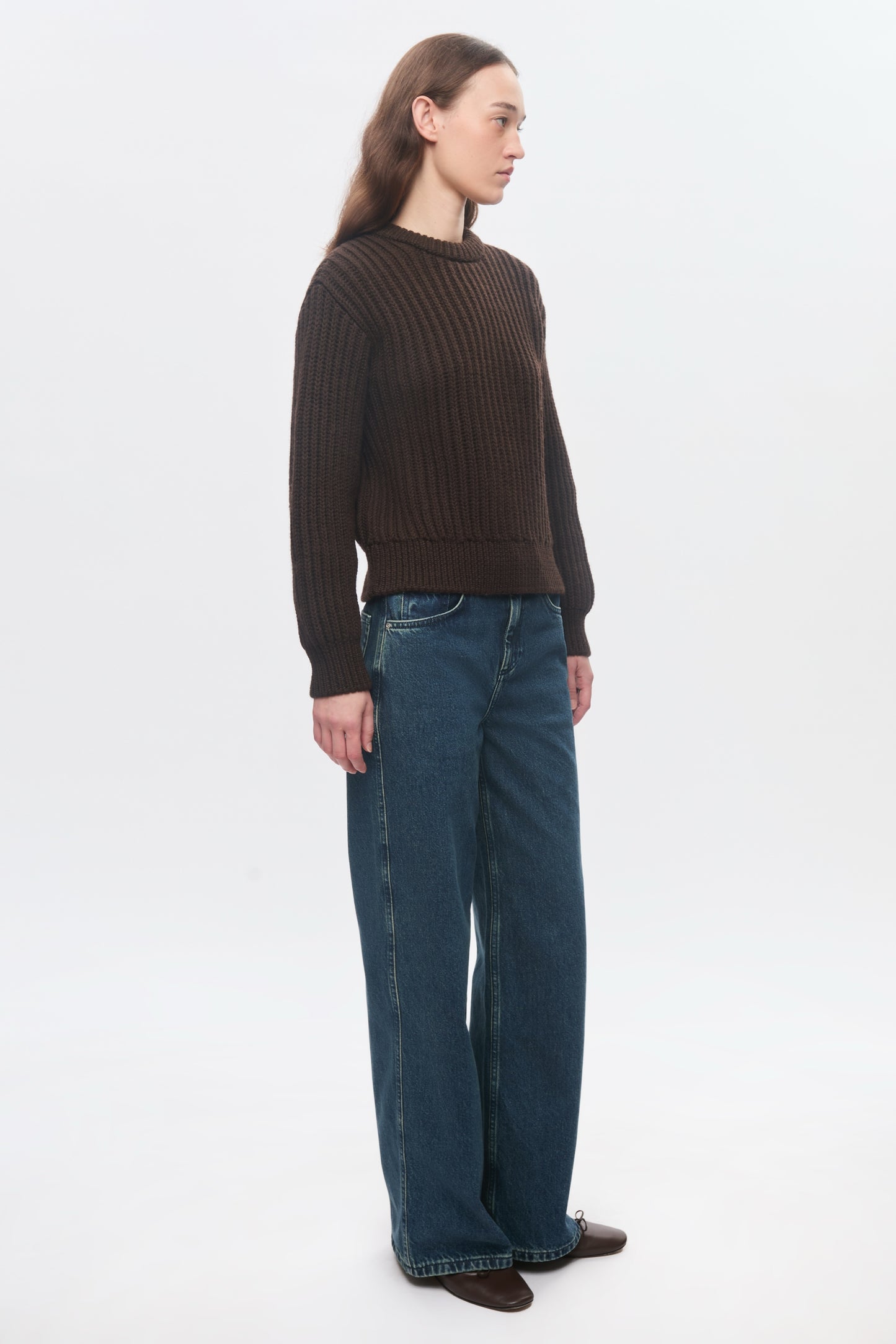 Women's Chunky Wool Crewneck Sweater in Coffee Bean