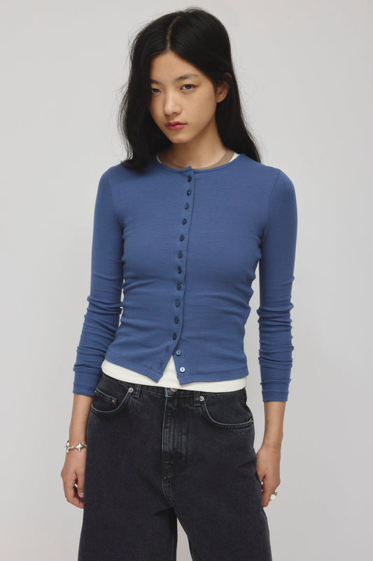 Women's Crew Neck Cardigan in Dark Indigo