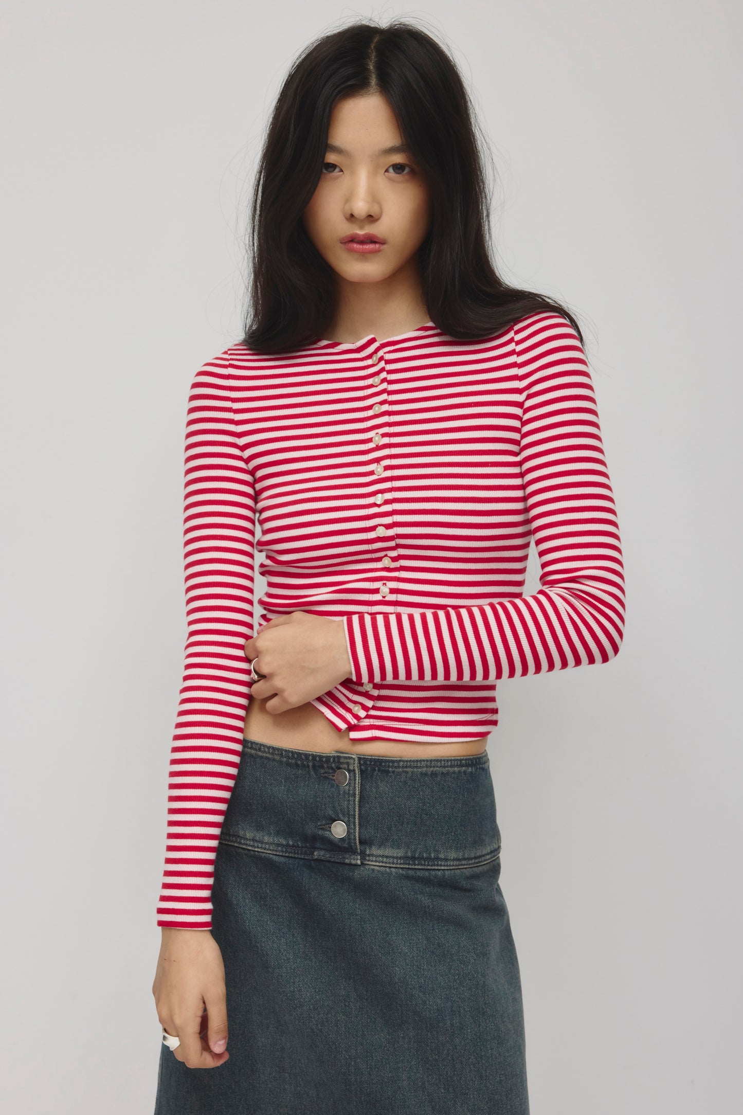 Women's Crew Neck Cardigan in Pink Forest/Salsa Stripe