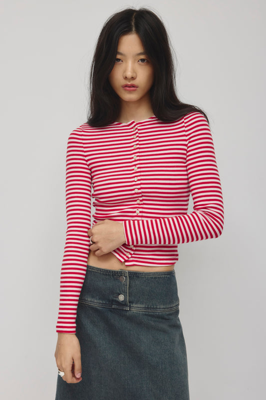 Women's Crew Neck Cardigan in Pink Forest/Salsa Stripe