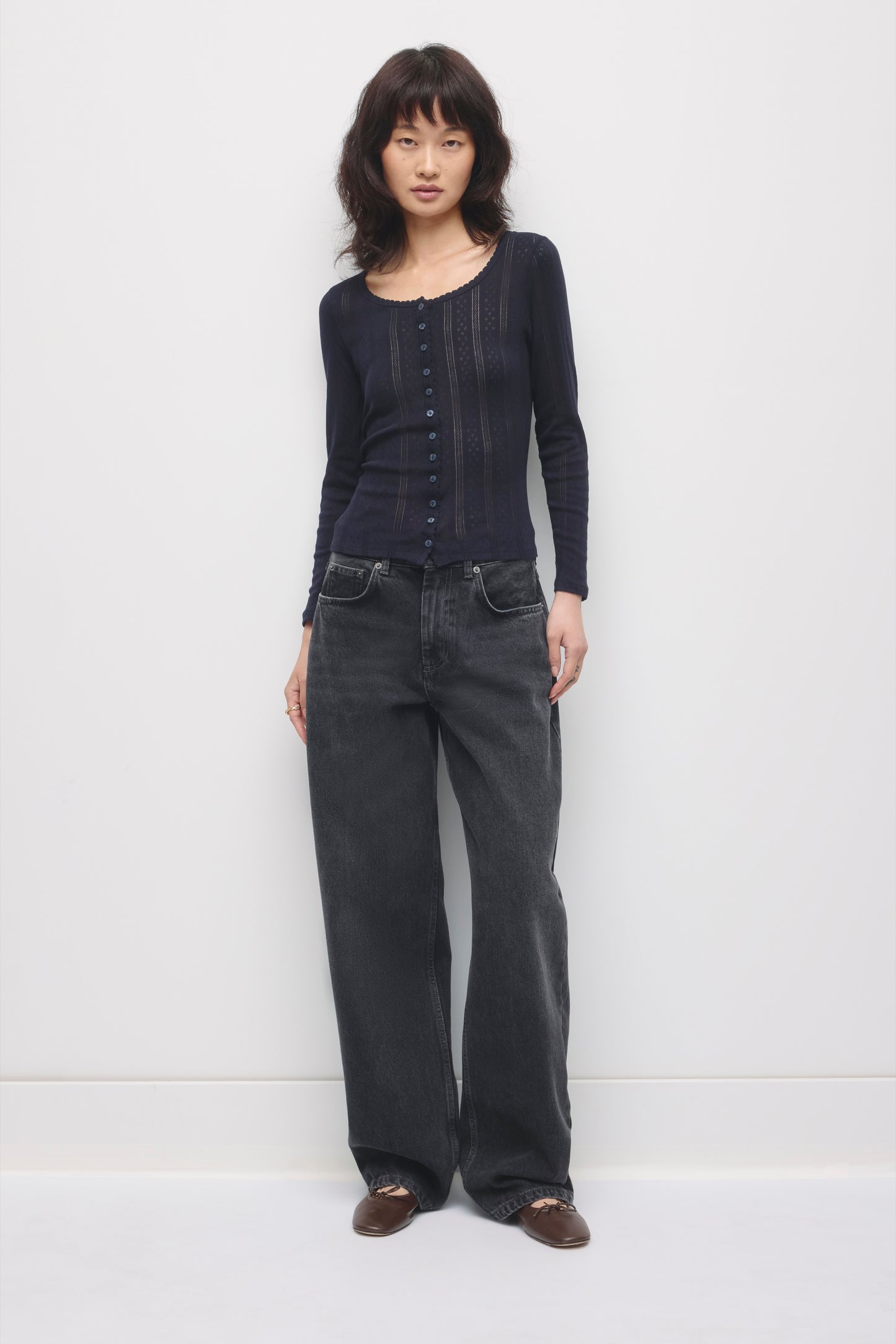 Women's Dalia Pointelle Cardigan in Deep Ocean