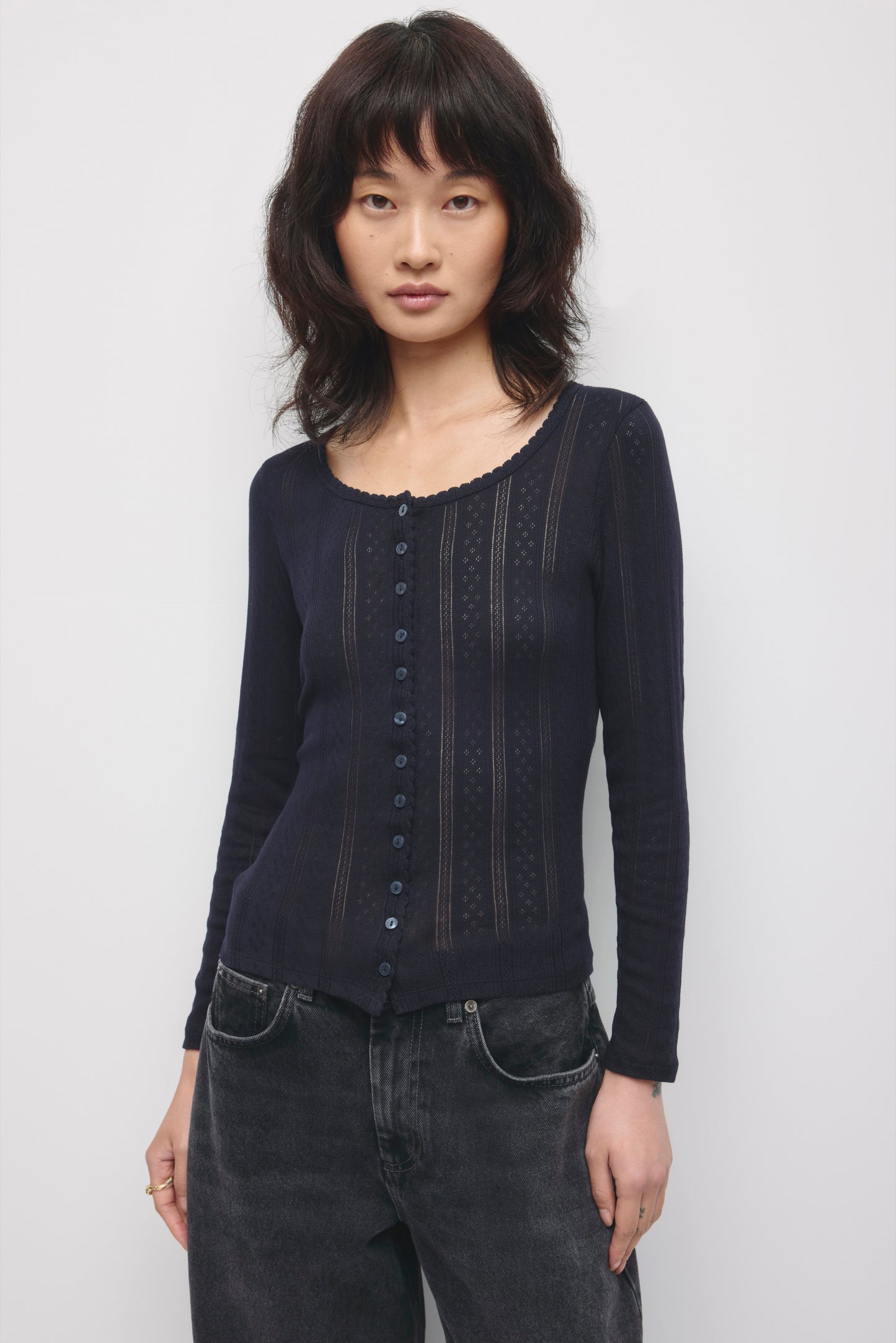Women's Dalia Pointelle Cardigan in Deep Ocean