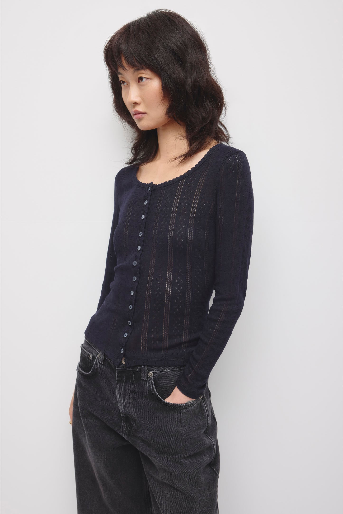 Women's Dalia Pointelle Cardigan in Deep Ocean