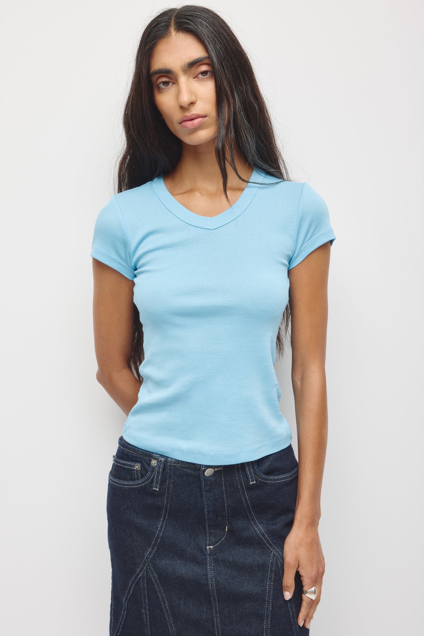 Women's High V-neck Tee in Azure