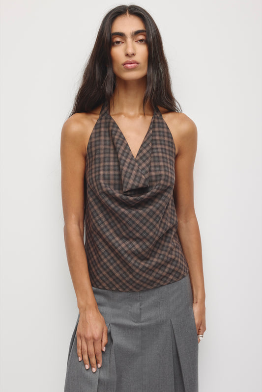 Women's Maryam Halter Top in Charcoal/Taupe Check