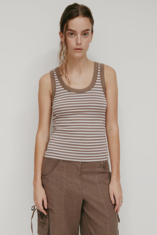 Women's Micro Rib Scoop Tank in Espresso/Taupe/Azure Stripe