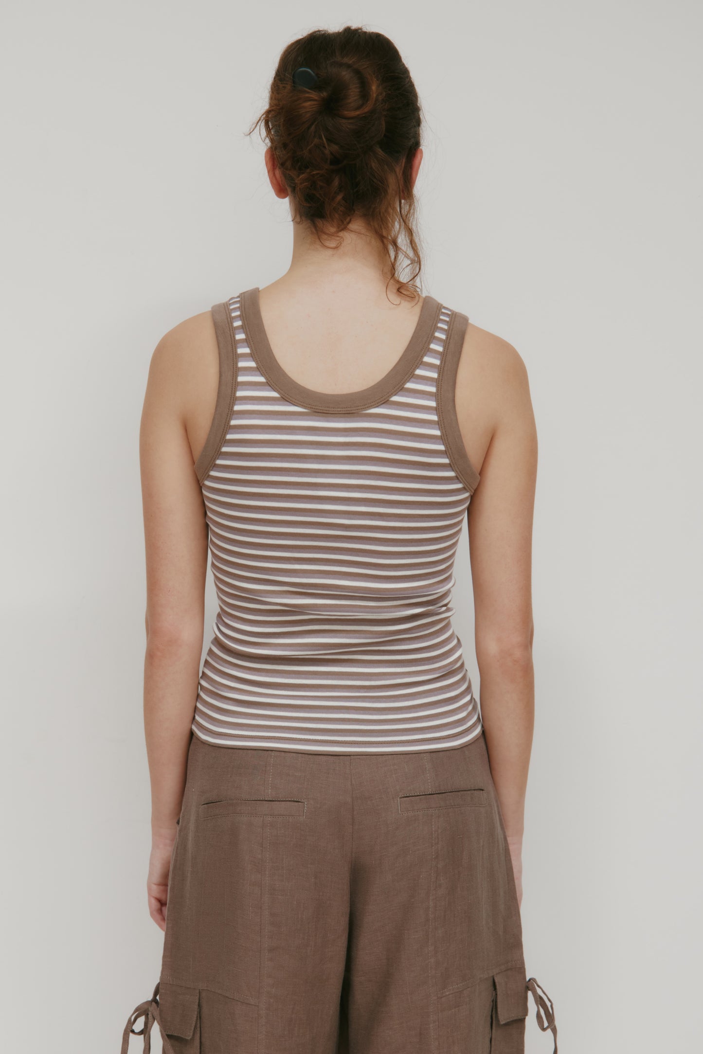 Women's Micro Rib Scoop Tank in Espresso/Taupe/Azure Stripe