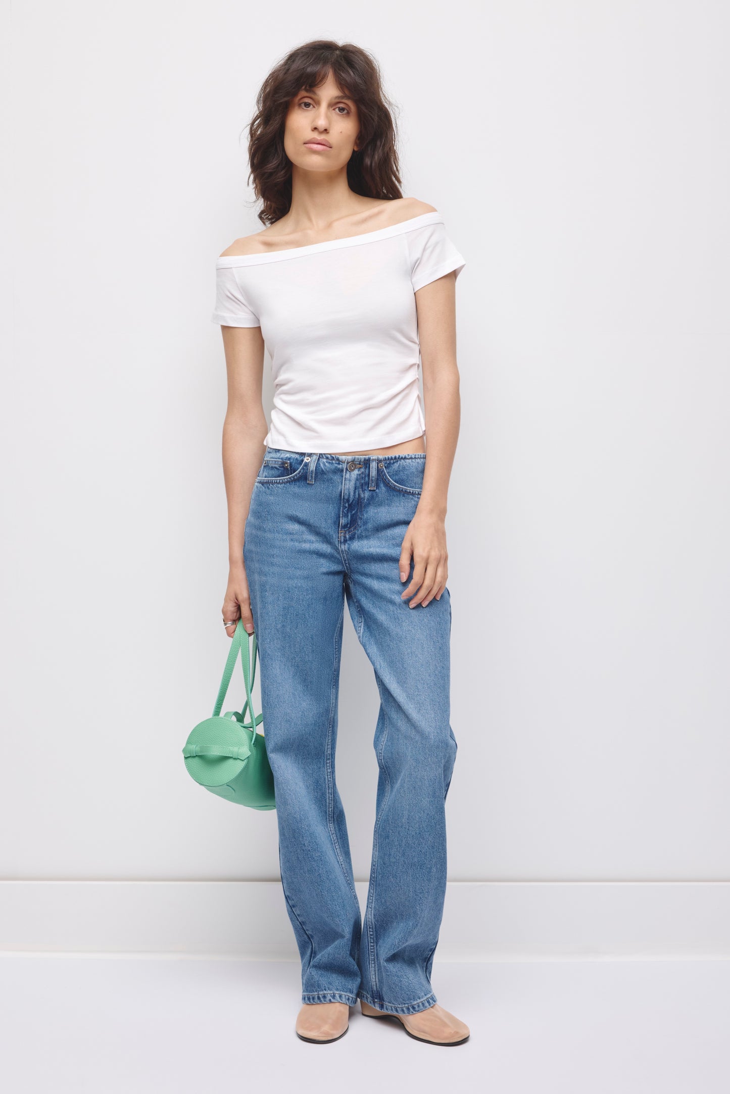 Women's Off Shoulder Ruched Tee in White
