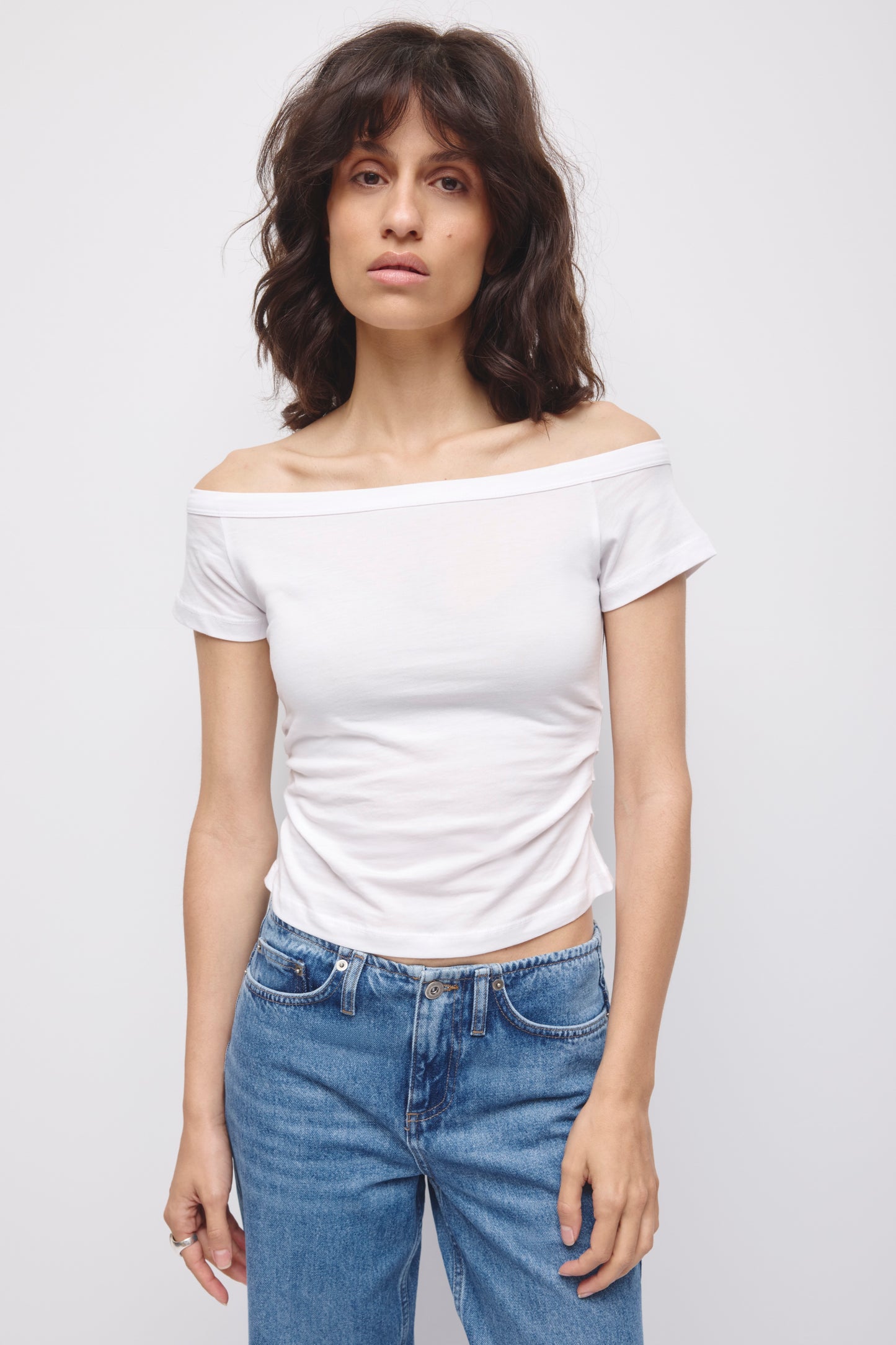 Women's Off Shoulder Ruched Tee in White