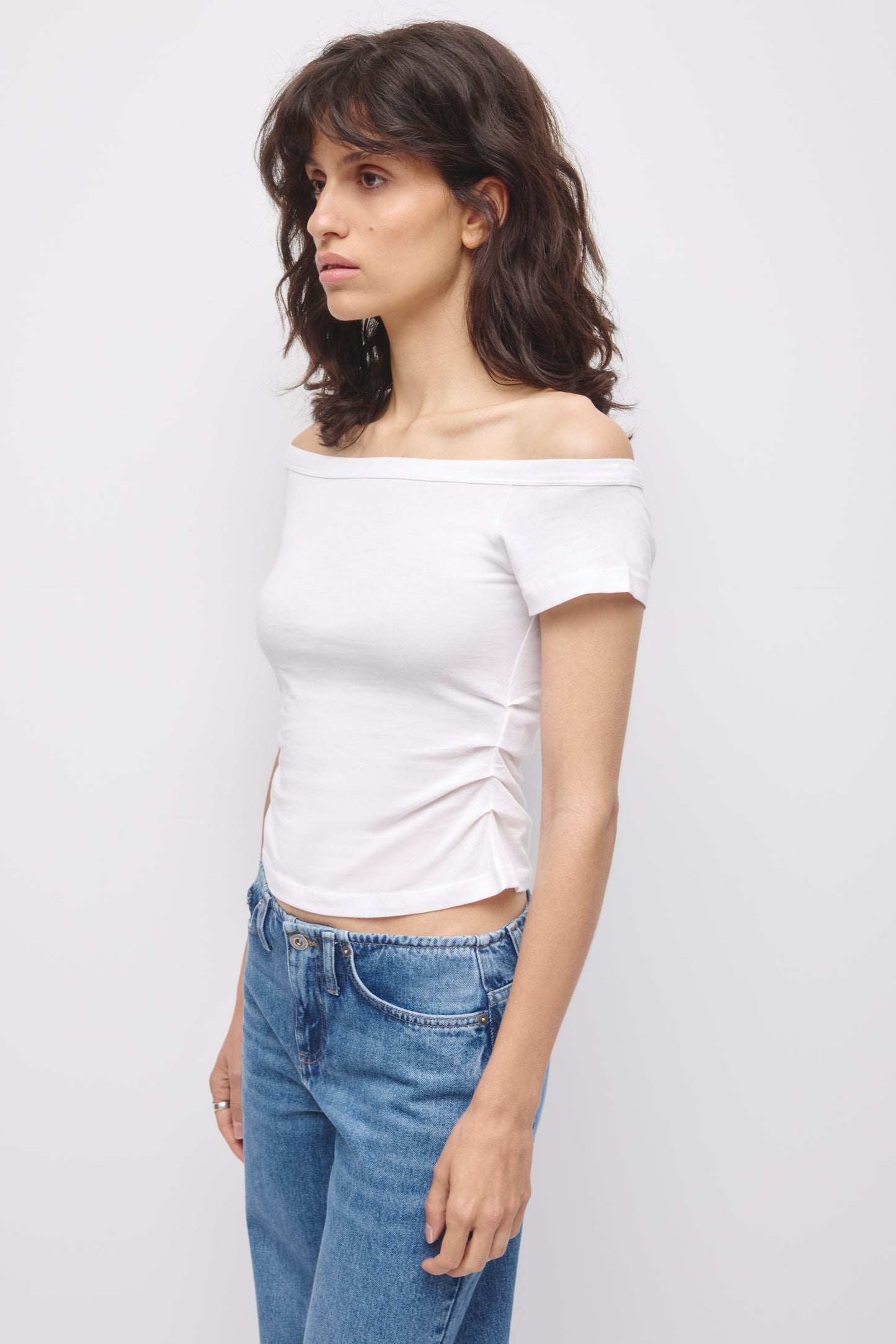 Women's Off Shoulder Ruched Tee in White