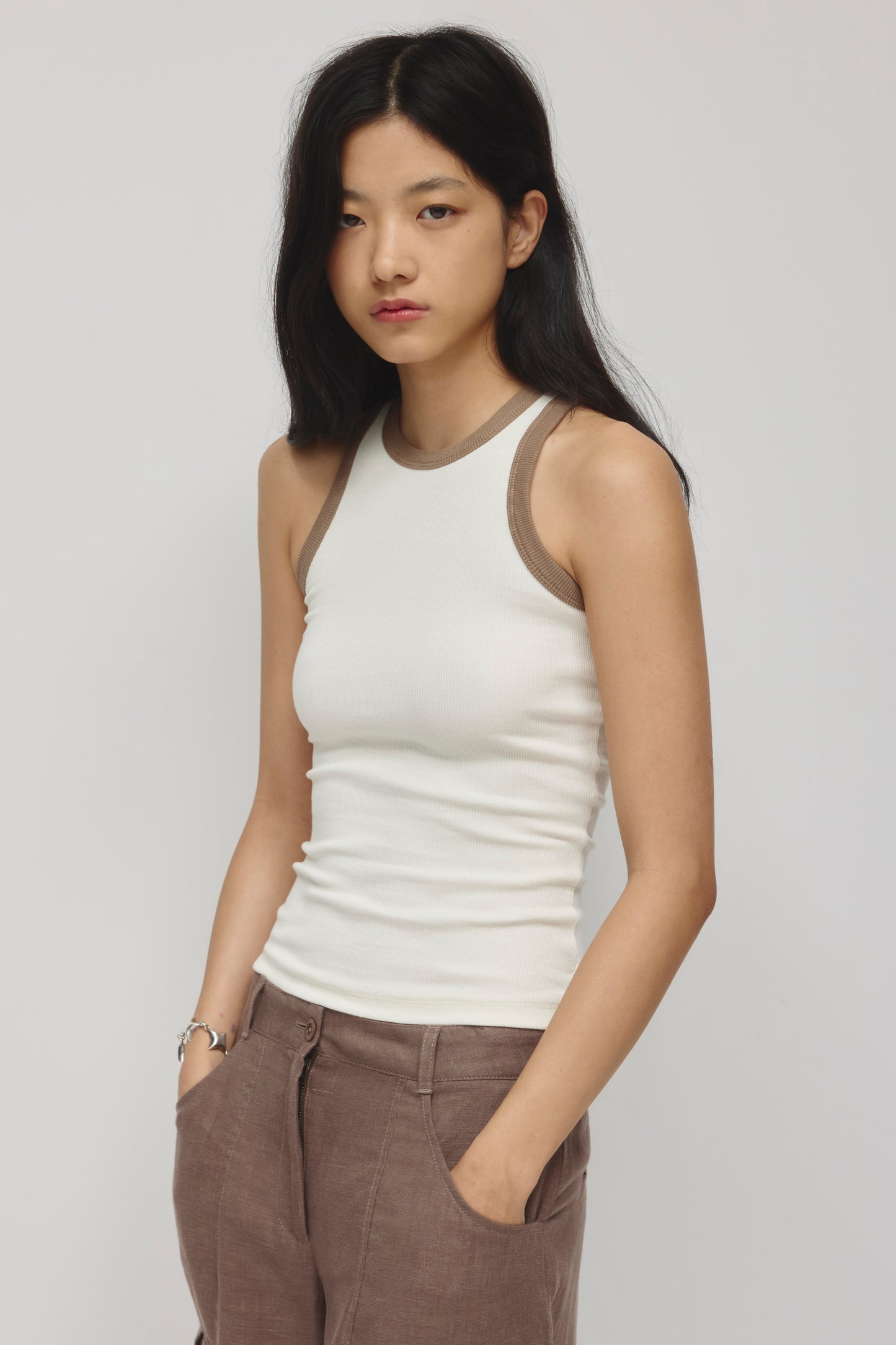 Women's Racer Tank in Marshmallow/Taupe