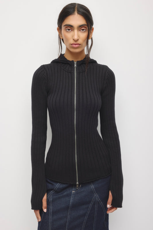 Women's Rib Full Zip Elongated Hoodie in Black