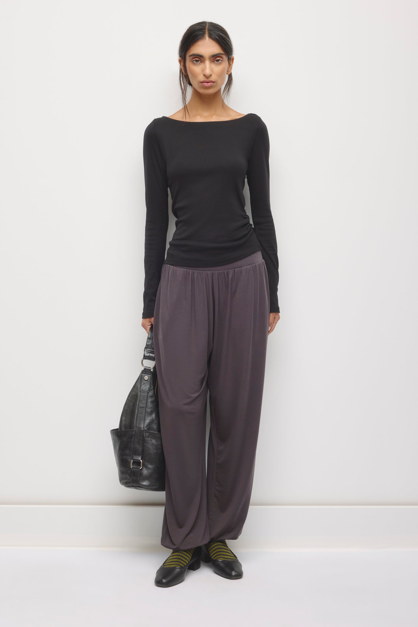 Women's Ruched Boatneck Top in Black