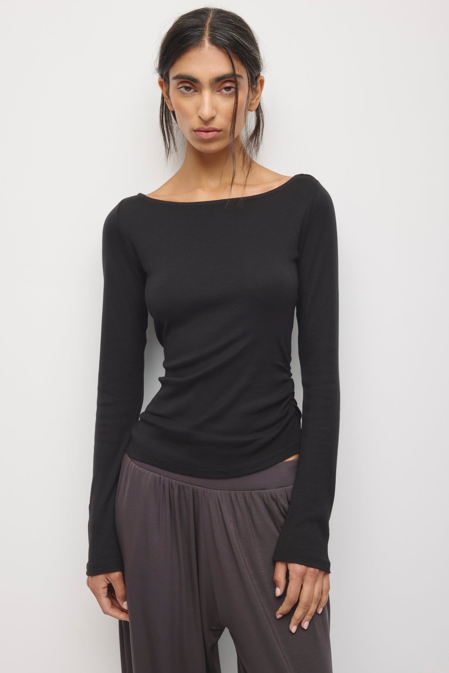 Women's Ruched Boatneck Top in Black