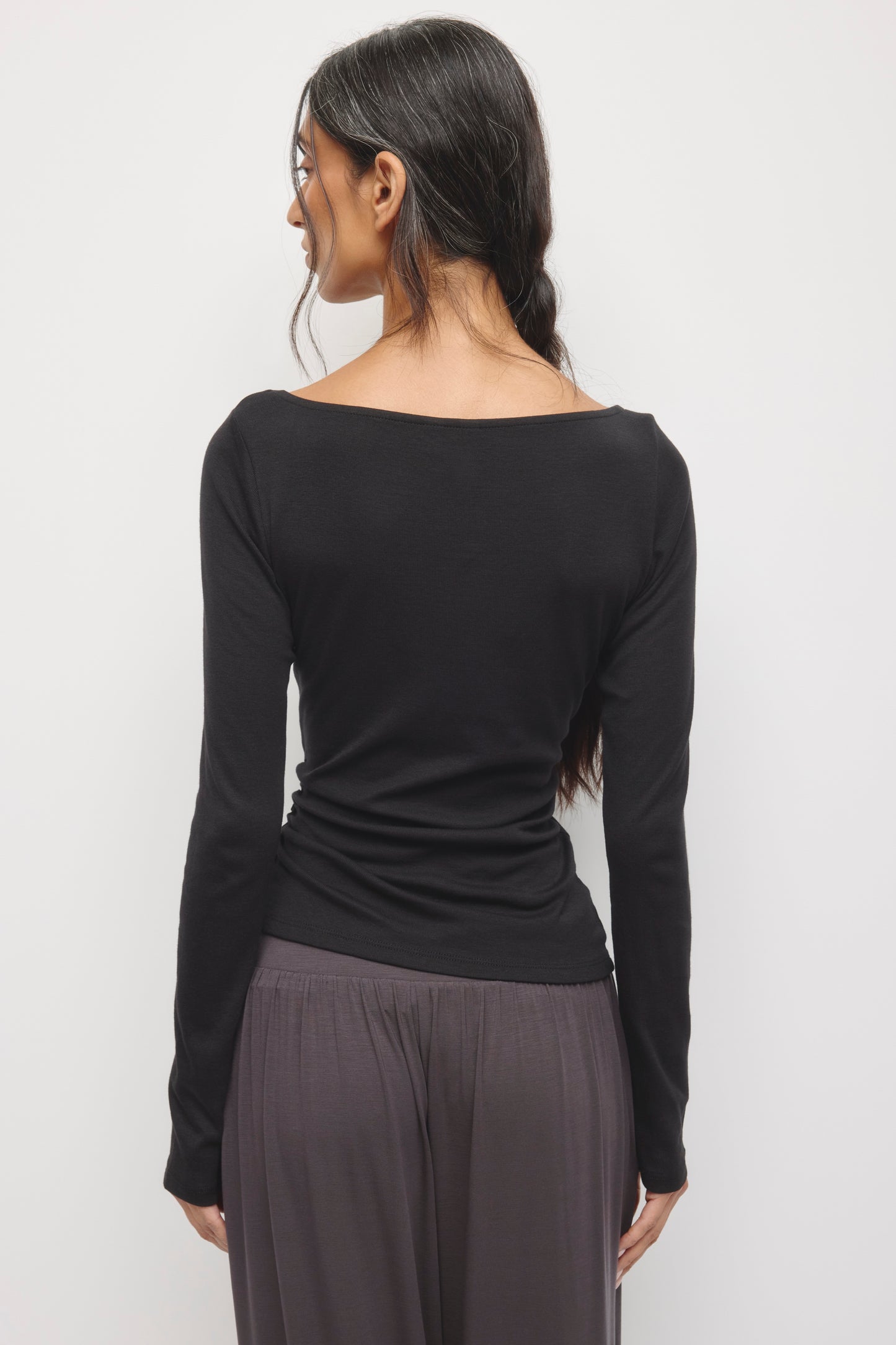 Women's Ruched Boatneck Top in Black