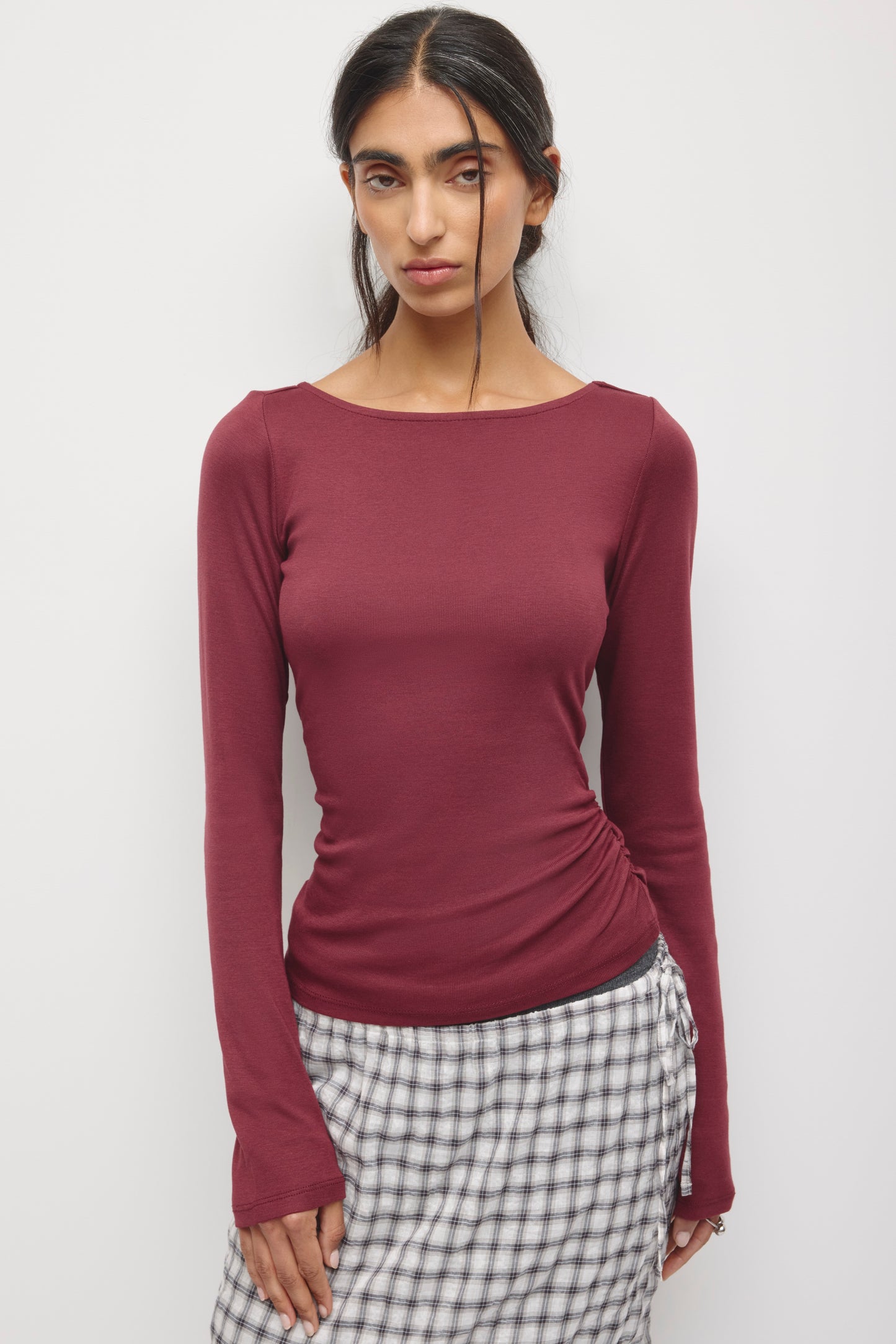 Women's Ruched Boatneck Top in Tawny Port