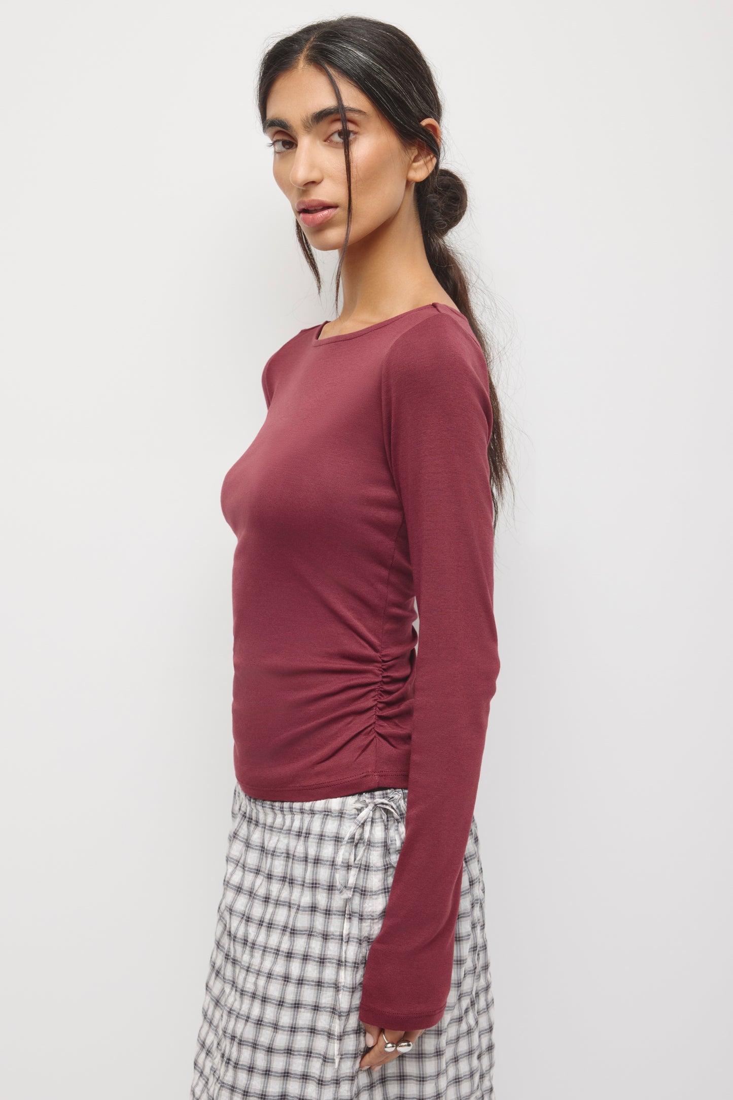 Women's Ruched Boatneck Top in Tawny Port