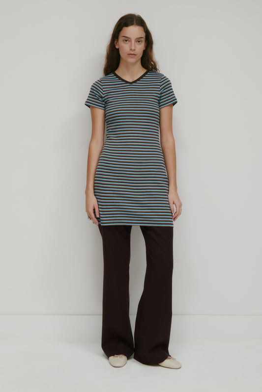 Women's Shortsleeve Mini Dress in Espresso/Taupe/Azure Stripe