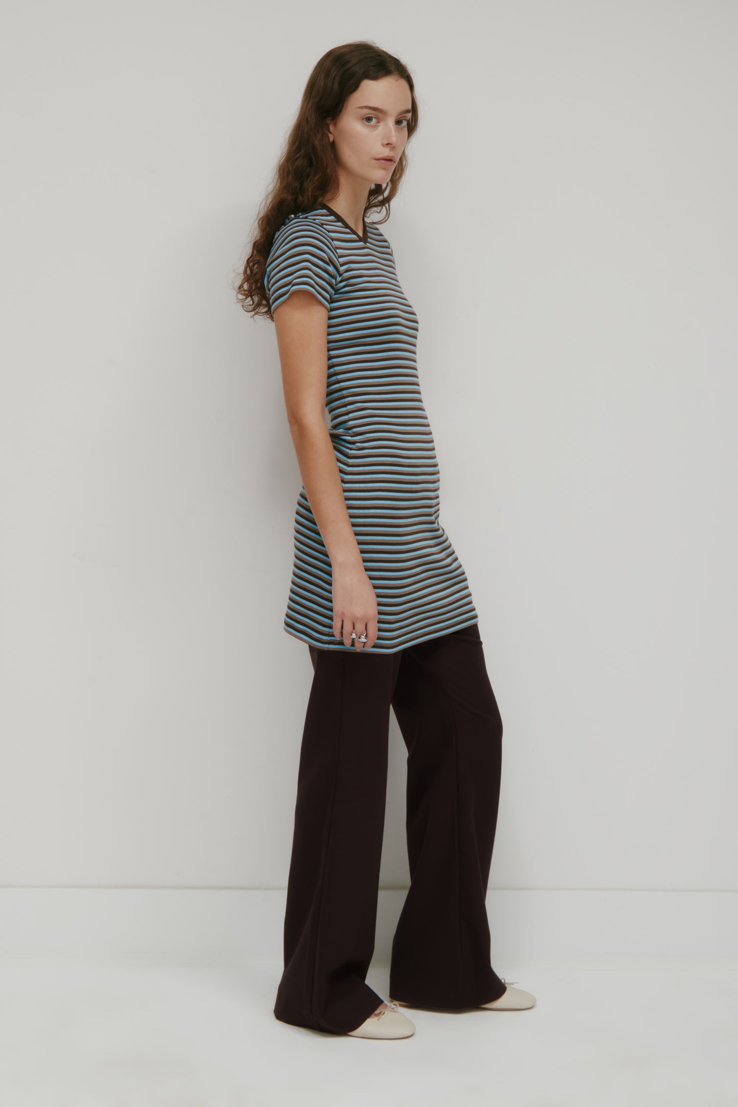 Women's Shortsleeve Mini Dress in Espresso/Taupe/Azure Stripe