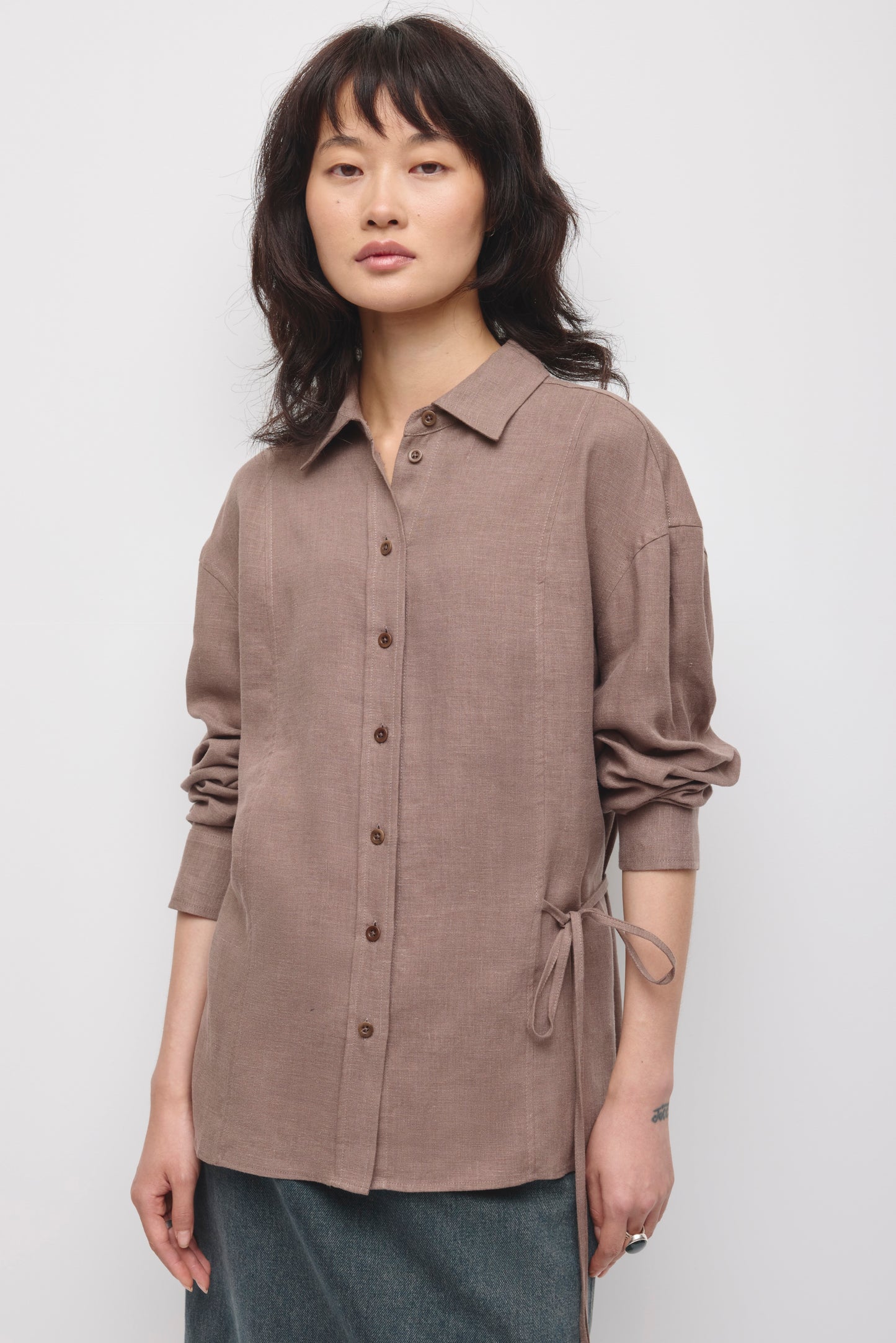 Women's Sila Linen Tie Shirt in Bark