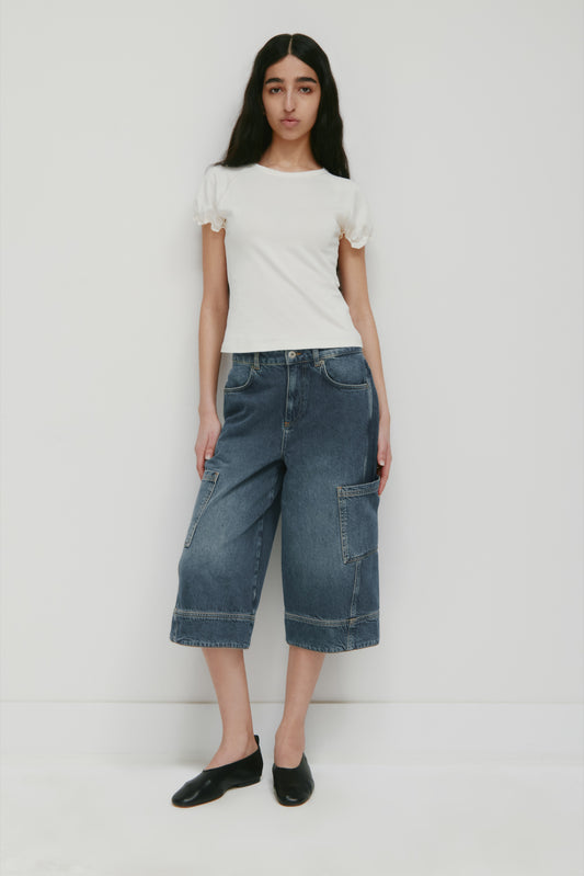 Women's Twisted Seam Long Denim Short in Vintage Wash
