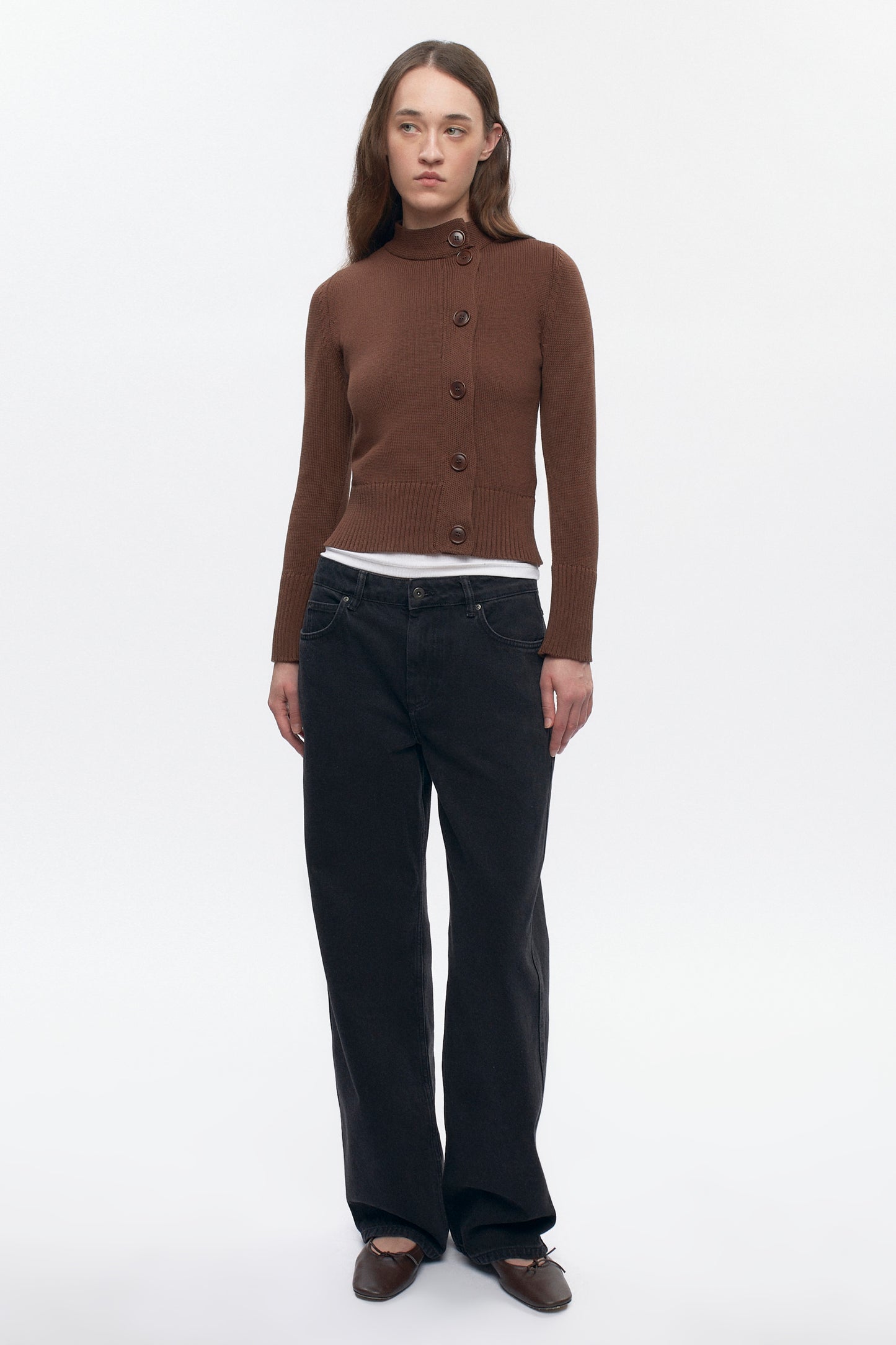 Women's Asymmetric Button Cardigan in Cocoa
