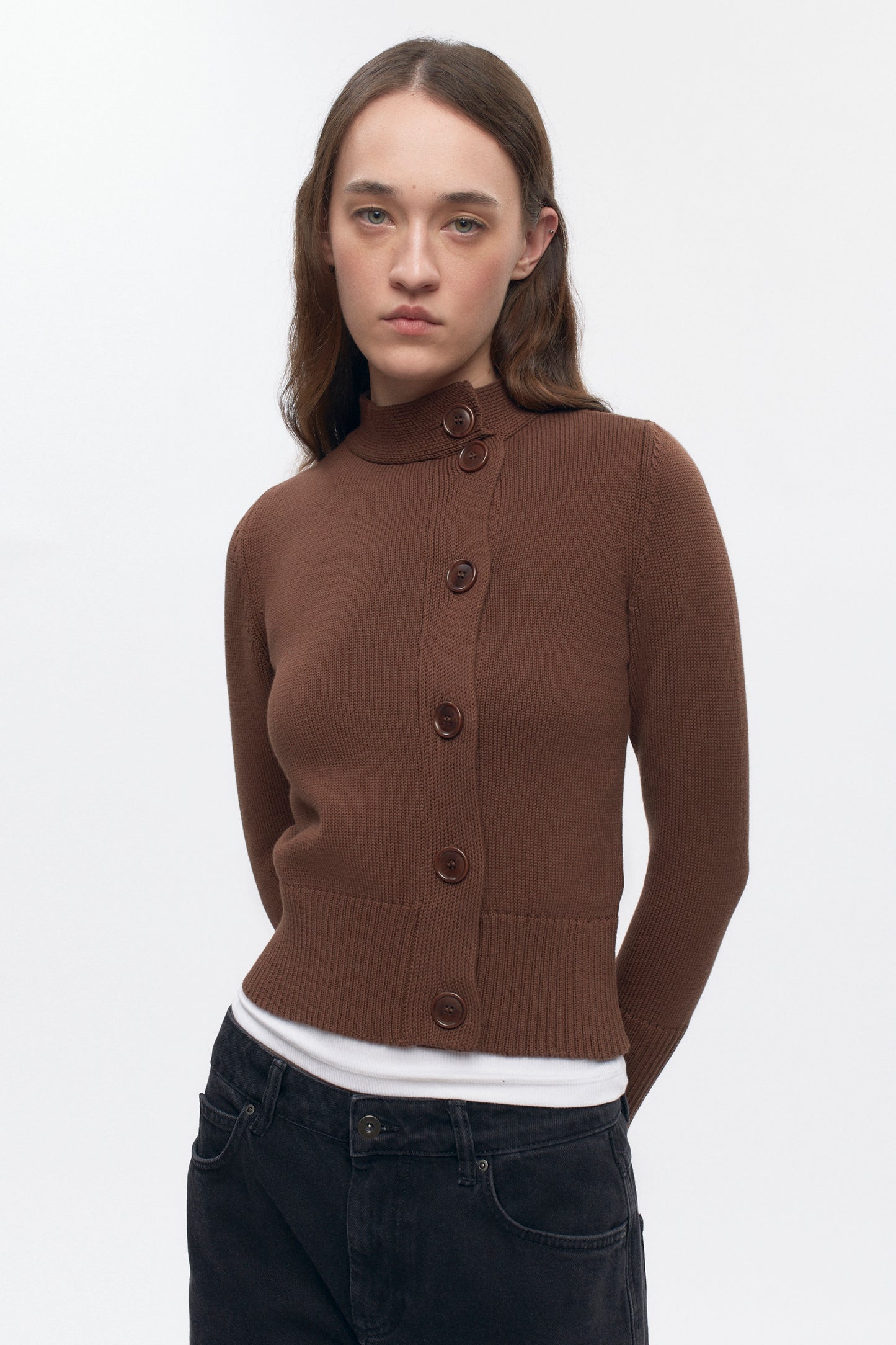 Women's Asymmetric Button Cardigan in Cocoa